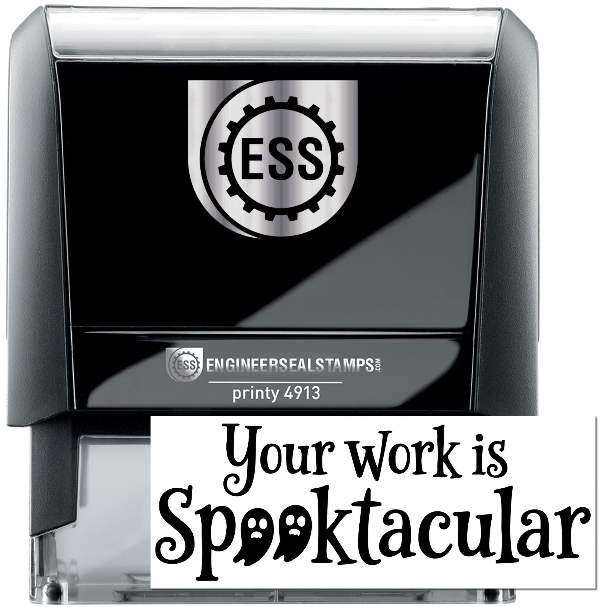 Black ESS self-inking stamp with silver top, showing Your work is Spooktacular in bold Halloween-style lettering.
