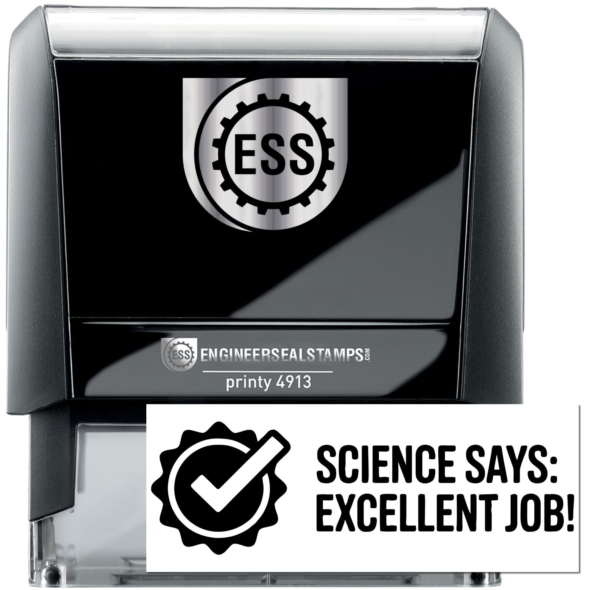 Black and silver ESS self-inking stamp and seal set with gear logo and Science says: Excellent job! text.