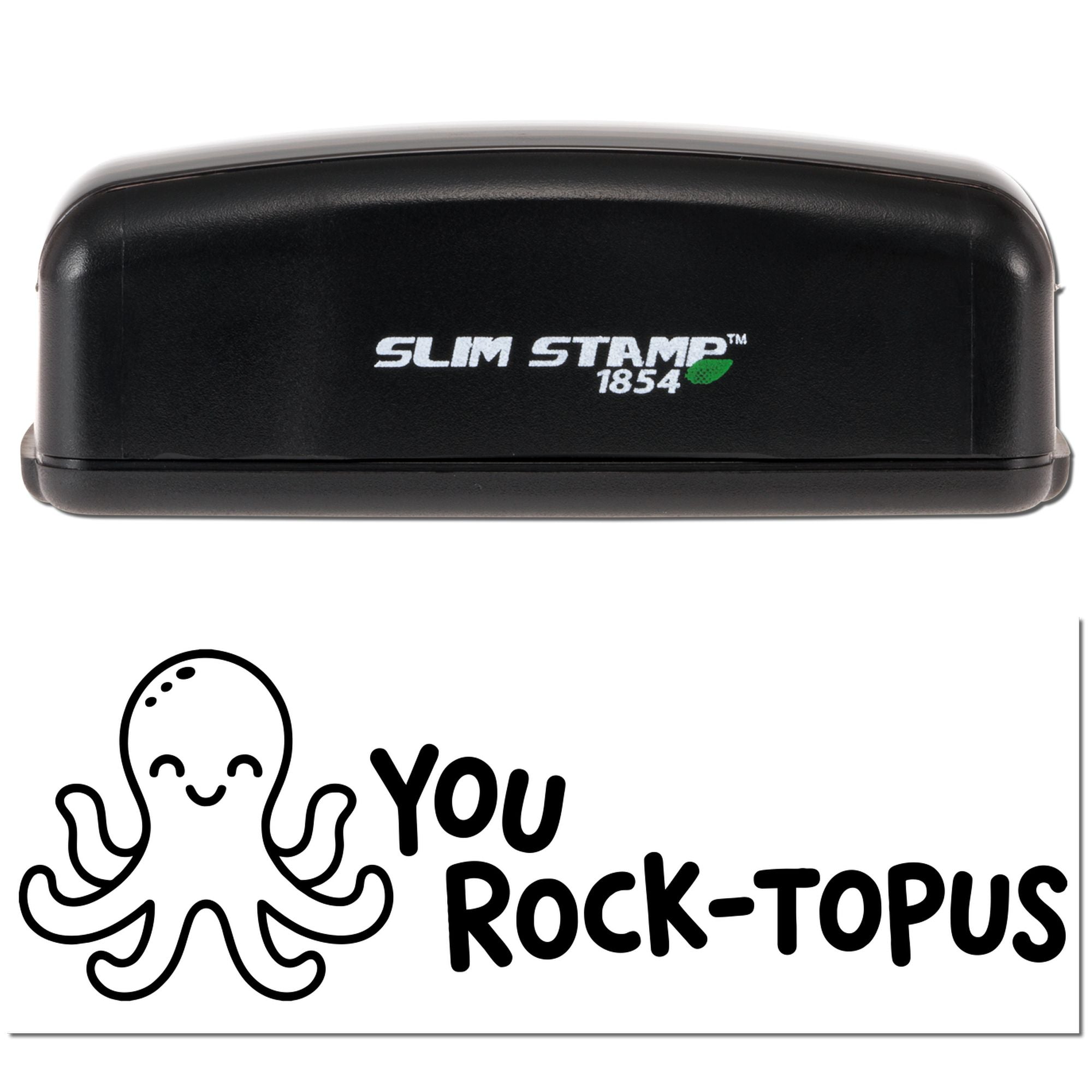 Black Slim Stamp 1854 stamp and seal case above a white octopus seal reading You Rock-Topus in black.
