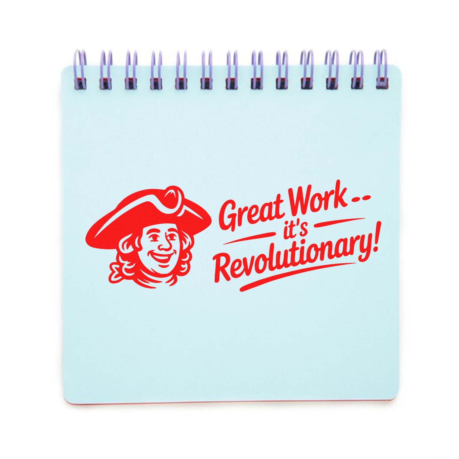 Light blue spiral notebook featuring a red stamp-style seal and slogan, Great Workits Revolutionary! with a smiling figure.