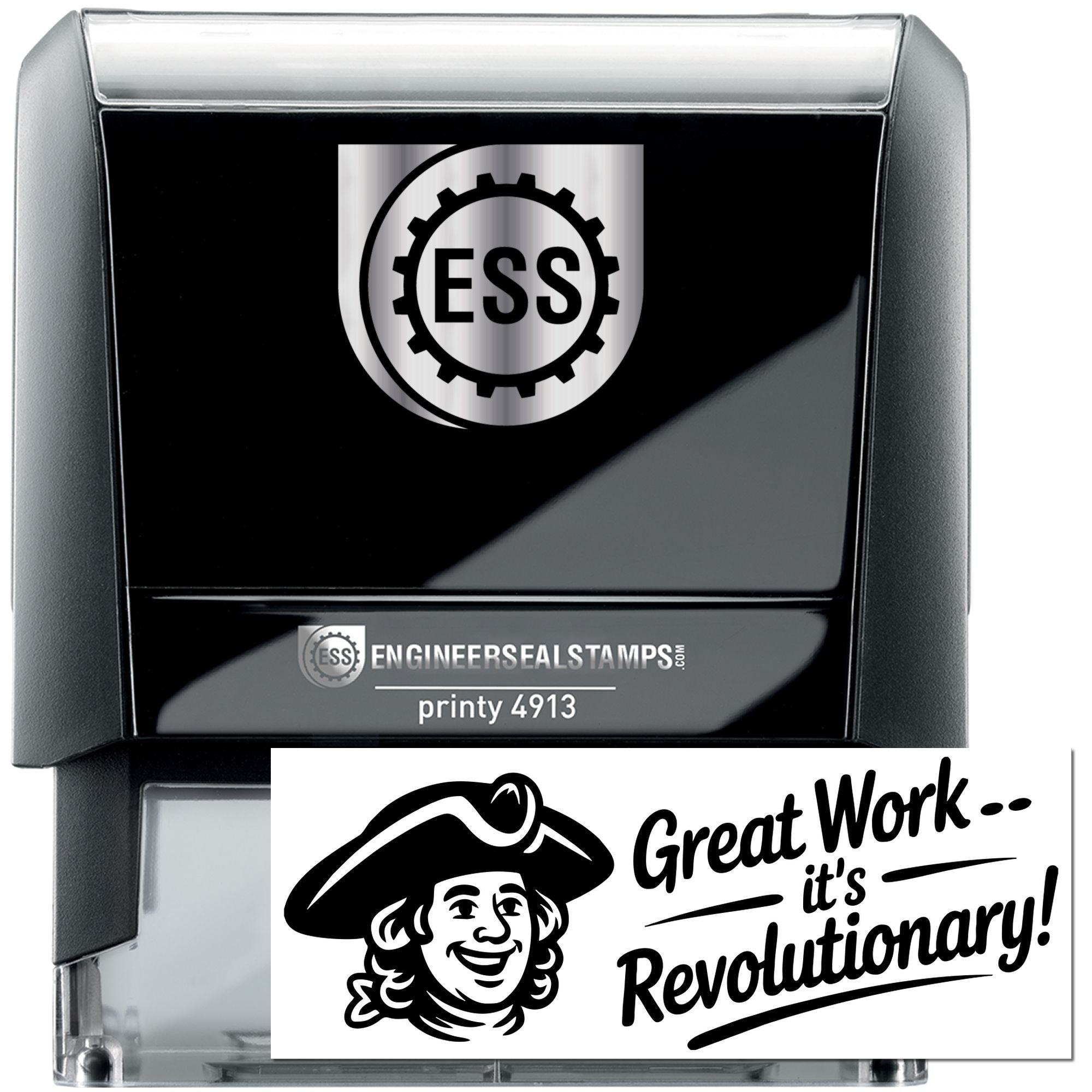 Black self-inking engineering seal stamp with silver top, ESS logo, and sample impression reading Great Workits Revolutionary!