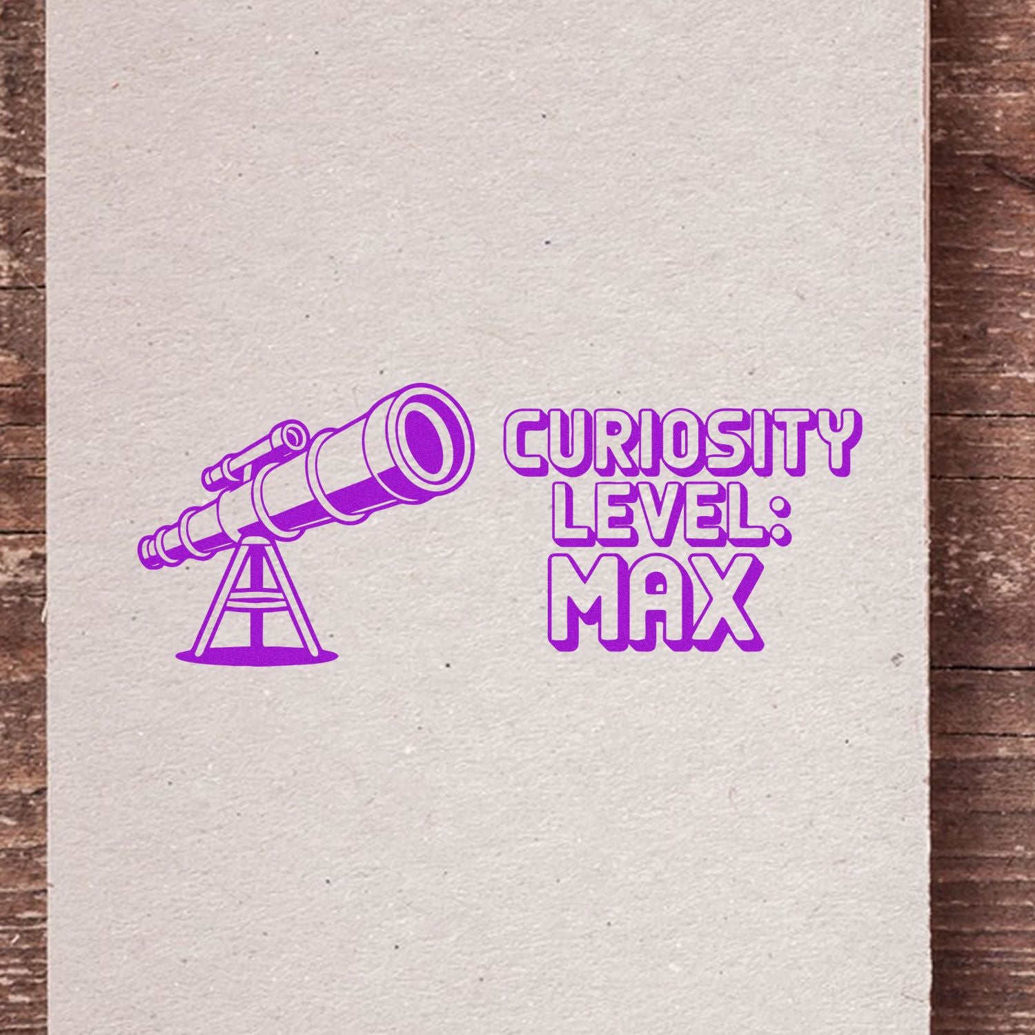 Purple telescope stamp with Curiosity Level: Max on textured beige paper, designed for seal products.
