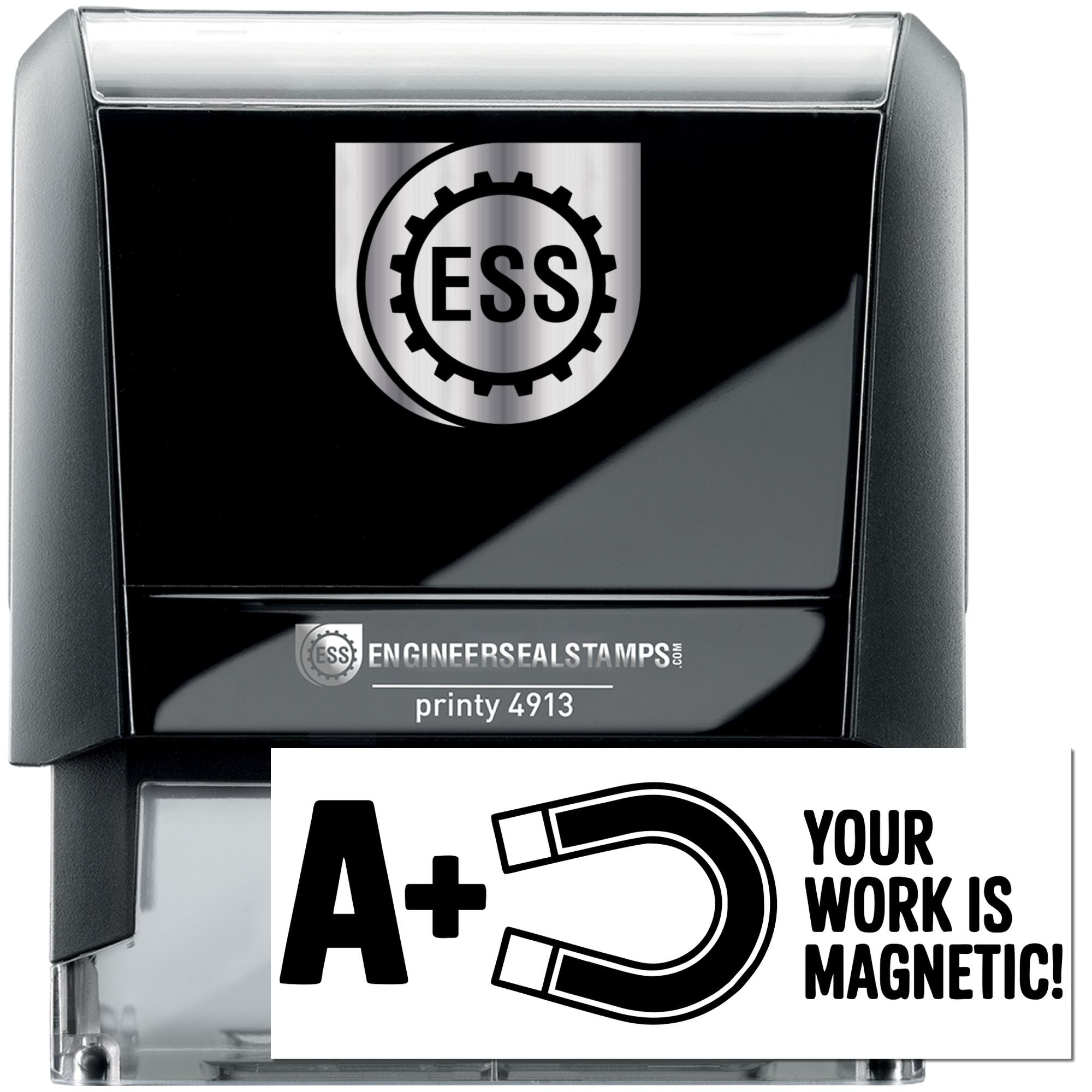 Black and silver ESS engineer seal self-inking stamp with custom logo and magnetic design.
