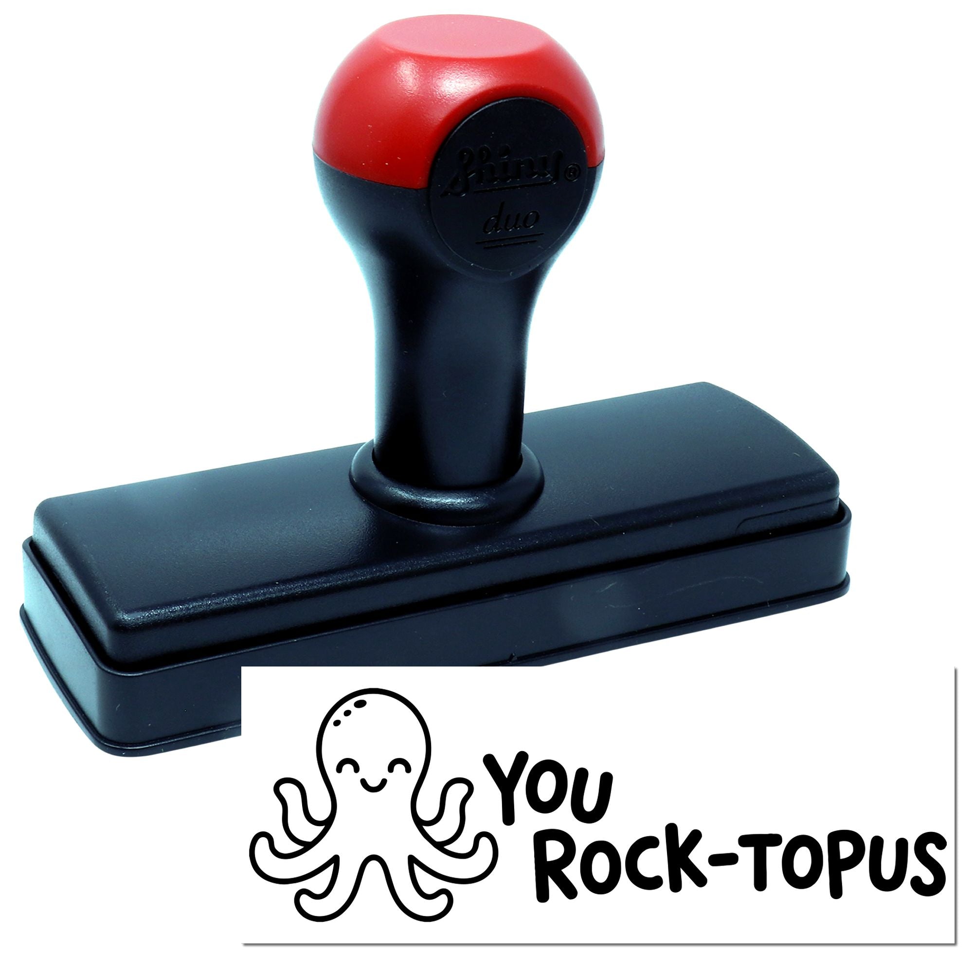 Black and red self-inking stamp and seal with a smiling octopus logo and You Rock-Topus text.