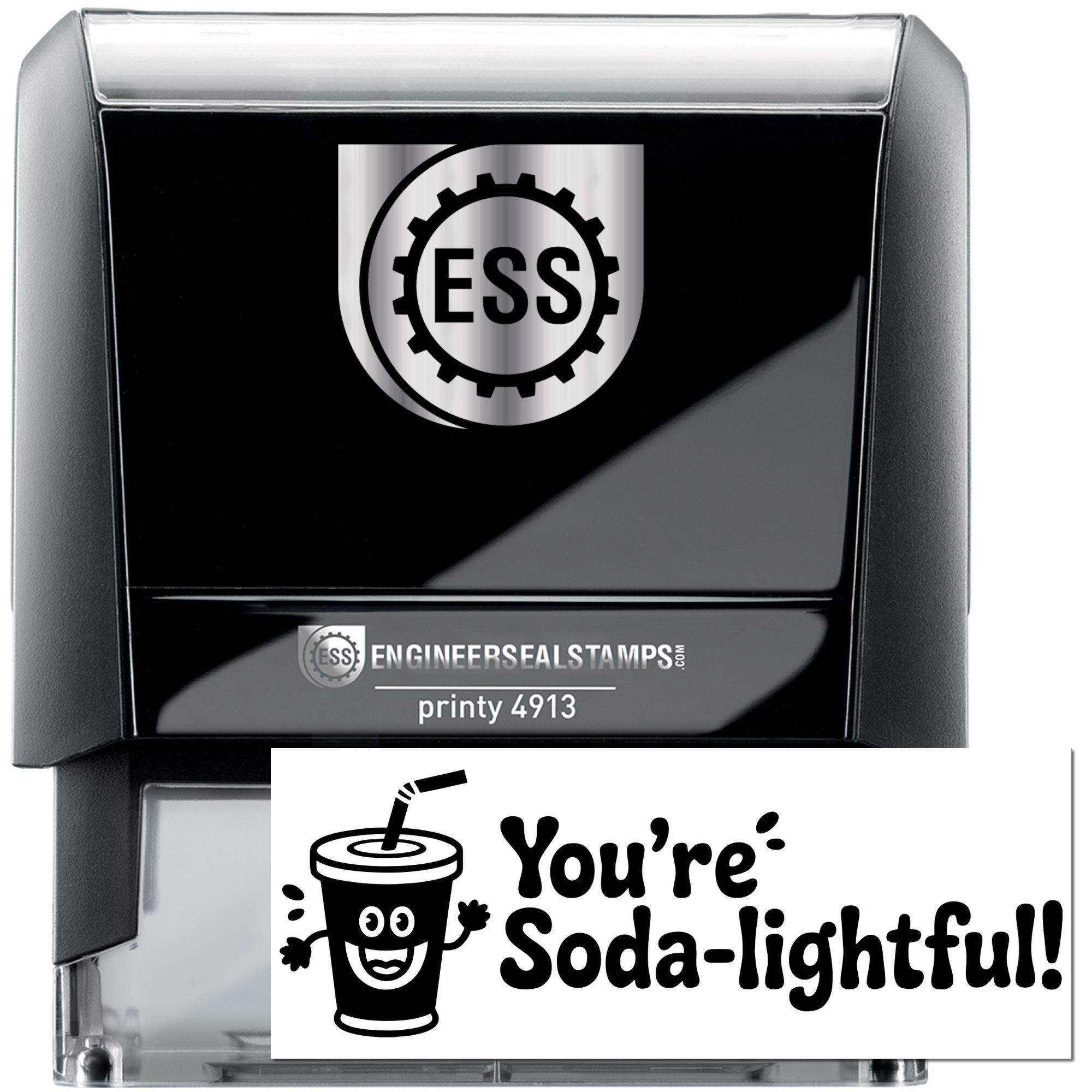 Black and silver self-inking ESS stamp and seal with gear logo and Youre Soda-lightful! text