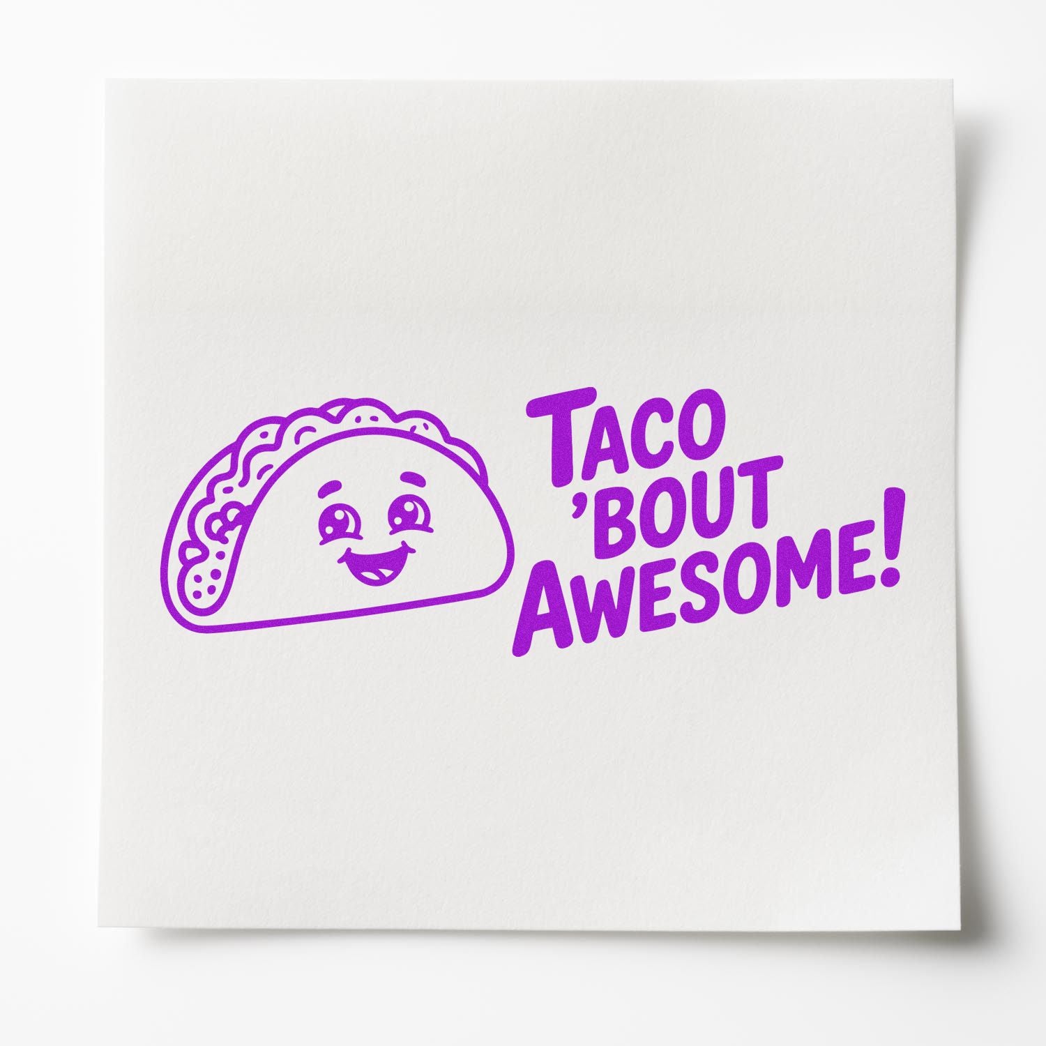Purple taco cartoon stamp and seal with Taco bout Awesome! on white paper.