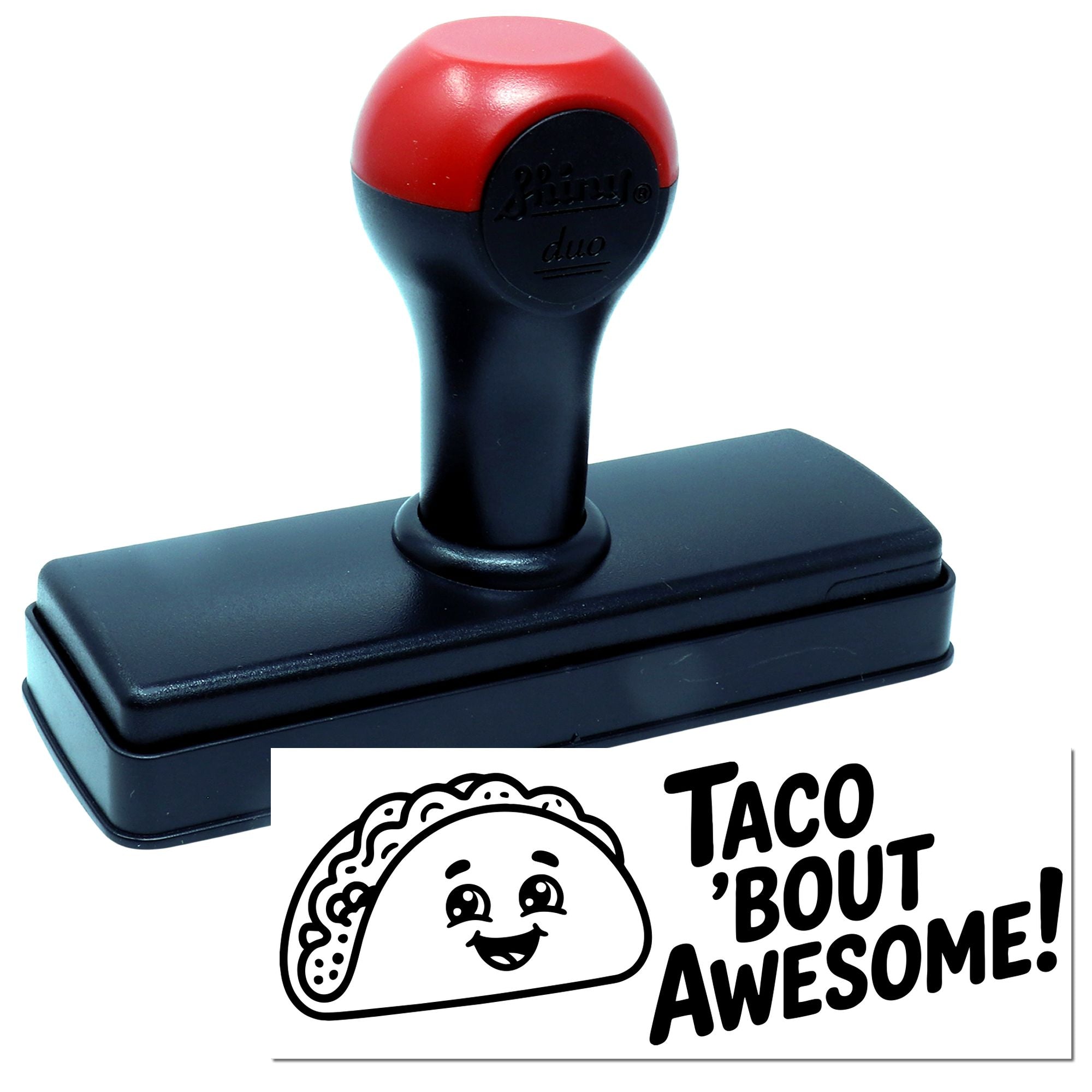 Red and black self-inking stamp with rectangular base, plus taco-themed seal impression reading Taco bout awesome!