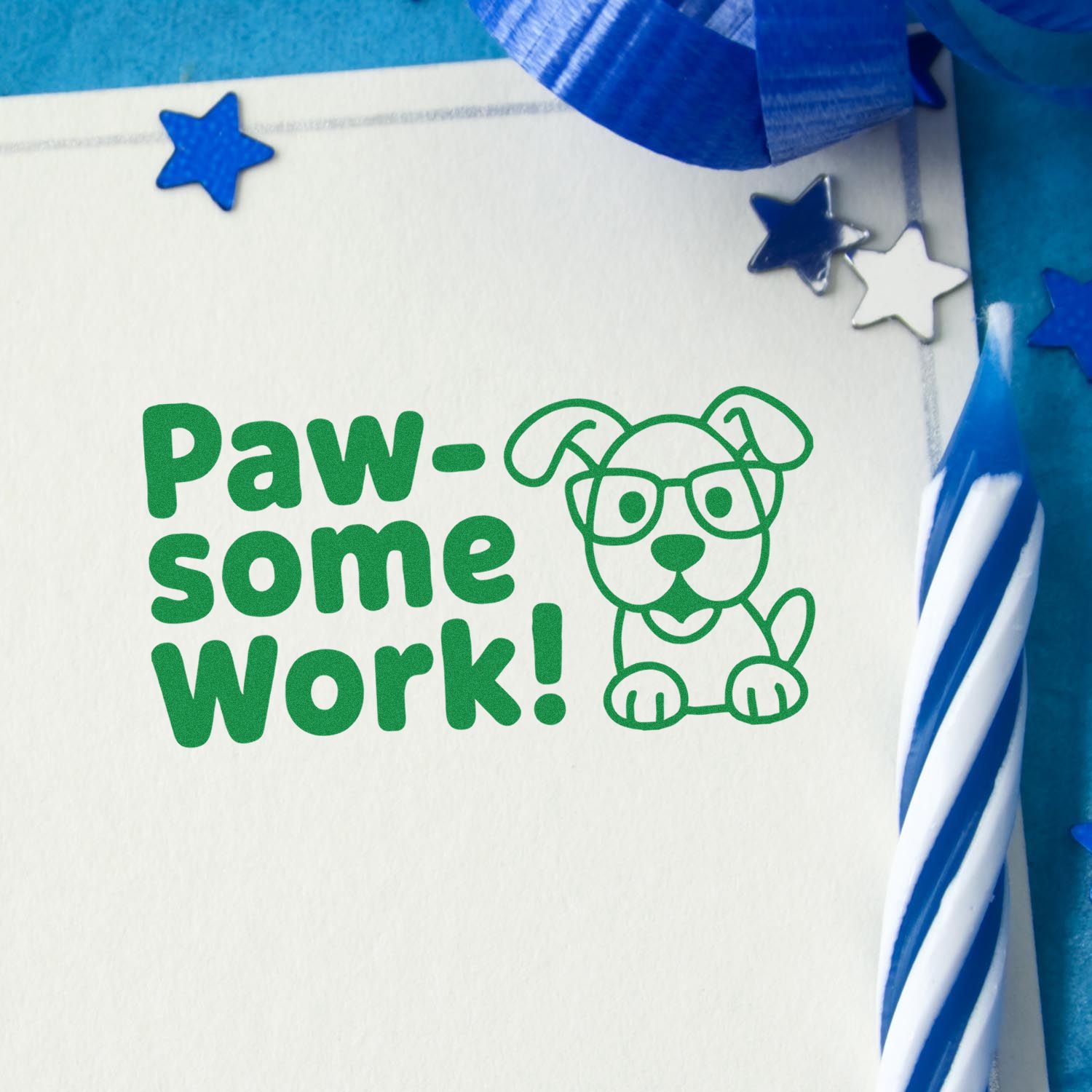 Green Paw-some Work! custom stamp with dog seal, blue stars, and ribbon on white card.