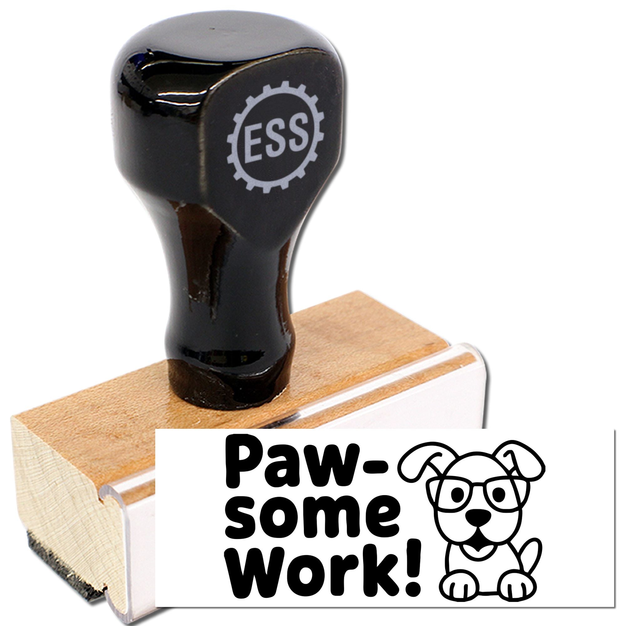 Black ESS rubber stamp on a wooden block, with a white Paw-some Work! seal and dog graphic.