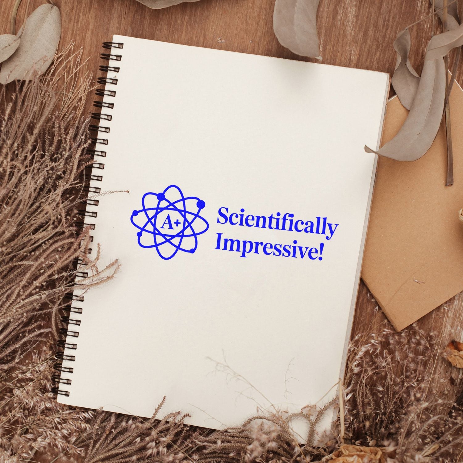 Blue A+ atom stamp seal reading Scientifically Impressive! on cream spiral notebook with beige dried florals on wood.