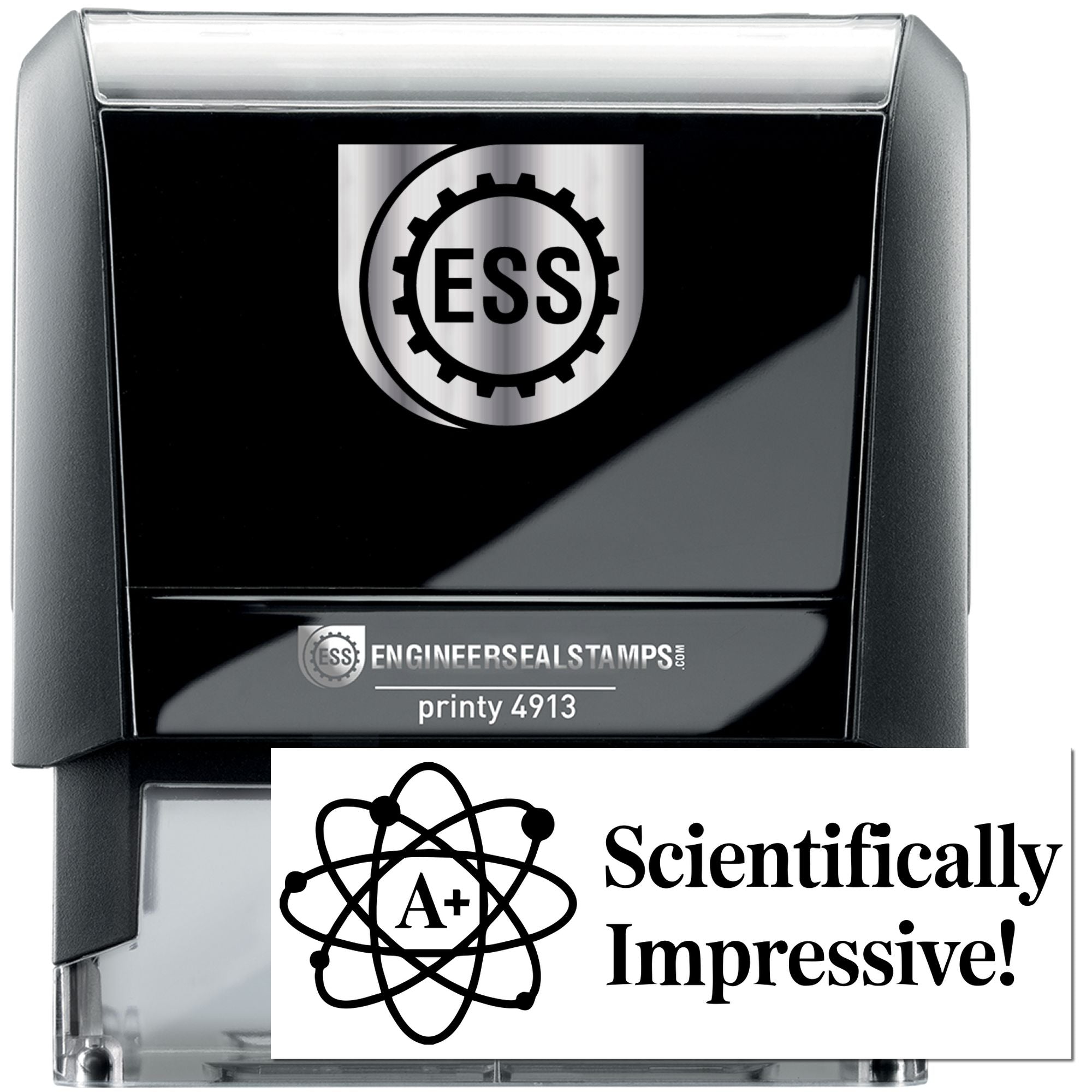 Black self-inking engineer seal stamp with silver accents, ESS logo, and A+ atom seal saying Scientifically Impressive!