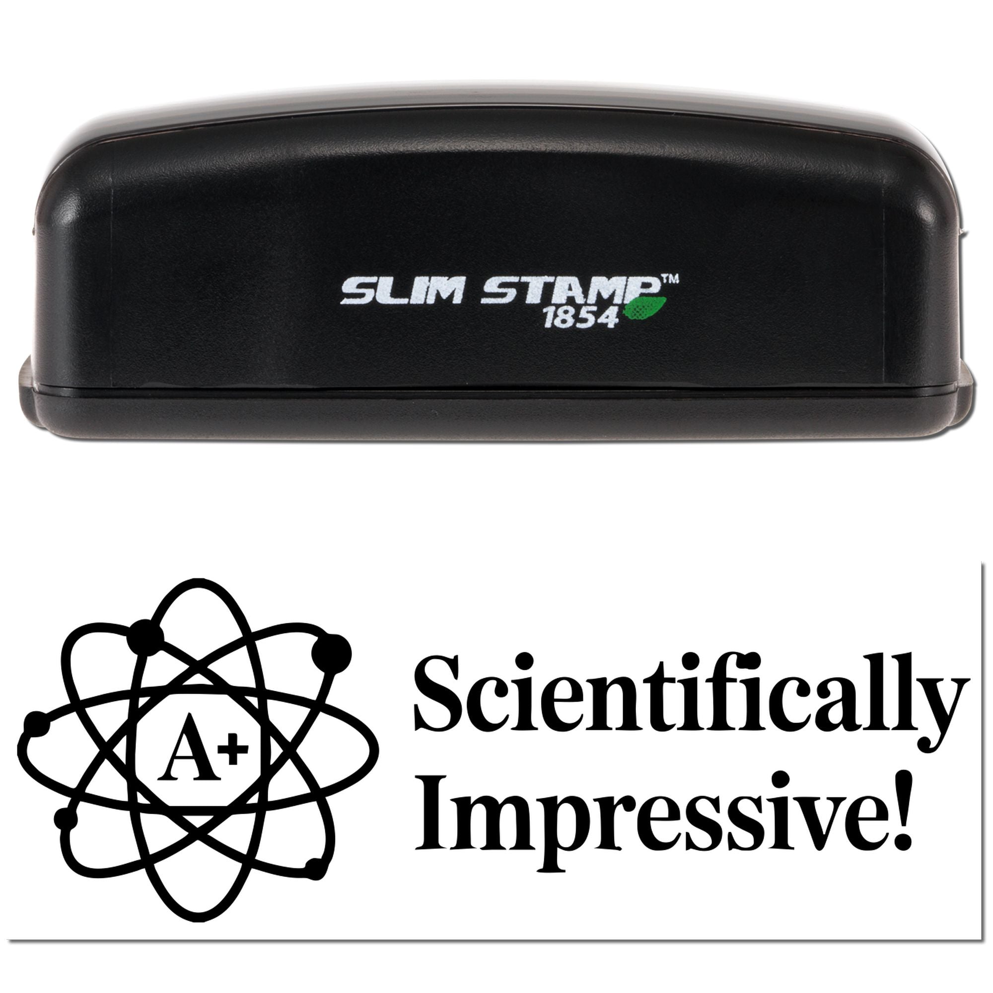Black Slim Stamp 1854 stamp and seal with A+ atom icon and Scientifically Impressive! text on a white background.