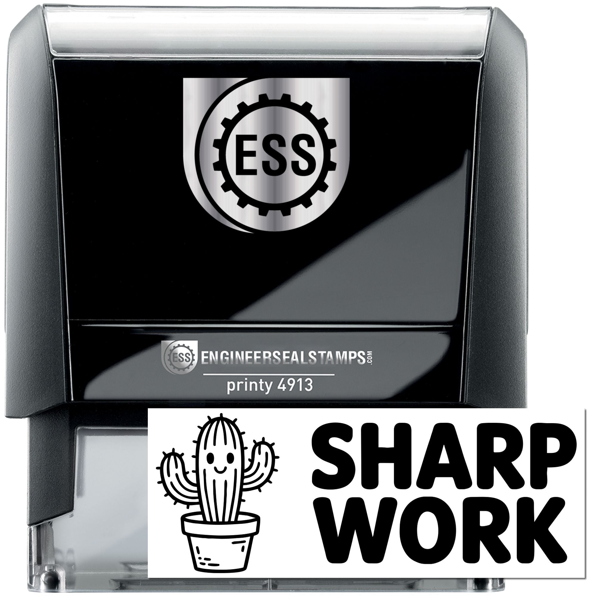 Black ESS self-inking engineer seal stamp with silver logo, glossy black body, and Sharp Work cactus design.