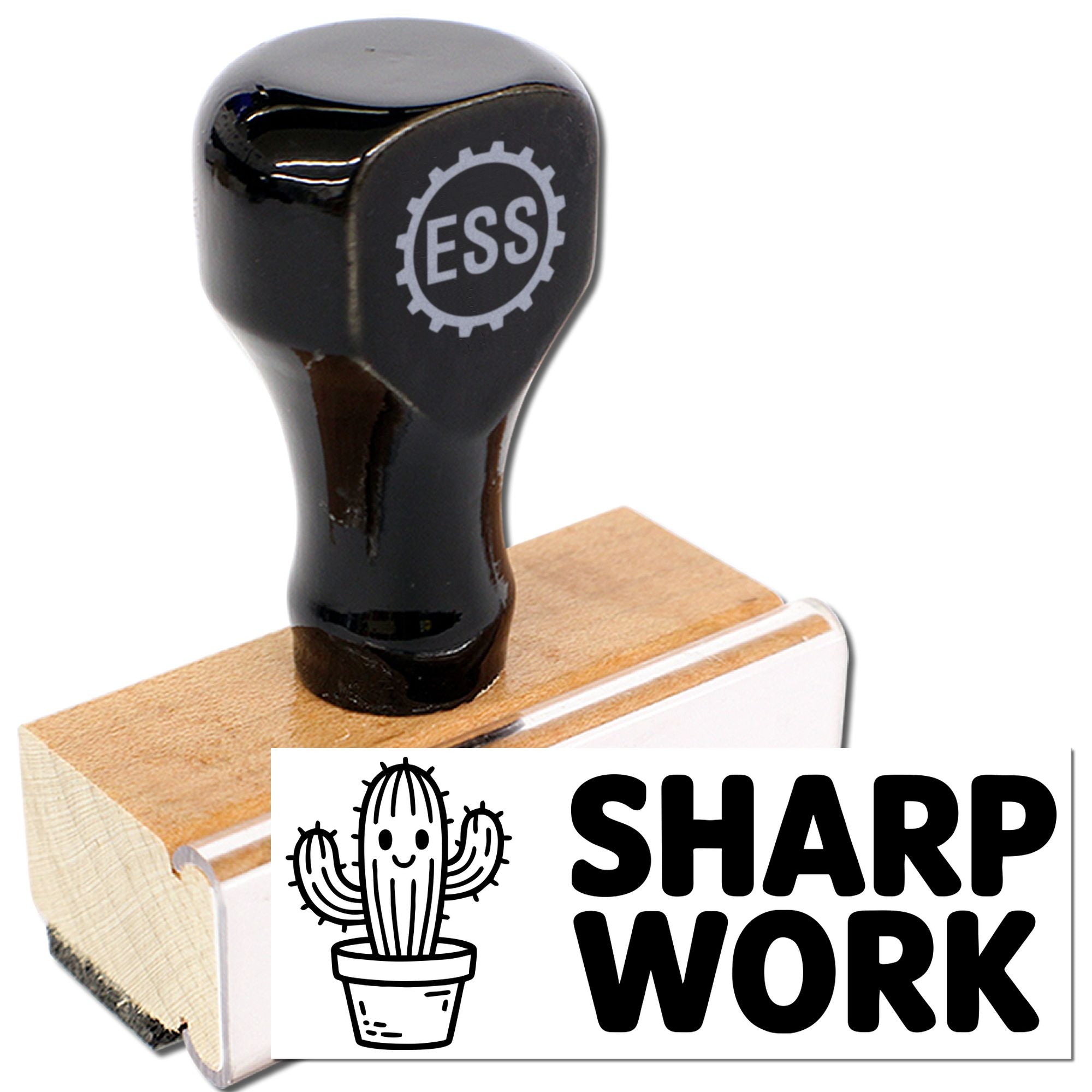 Black custom stamp and seal with ESS logo, on wooden base, featuring Sharp Work cactus graphic, isolated on white.