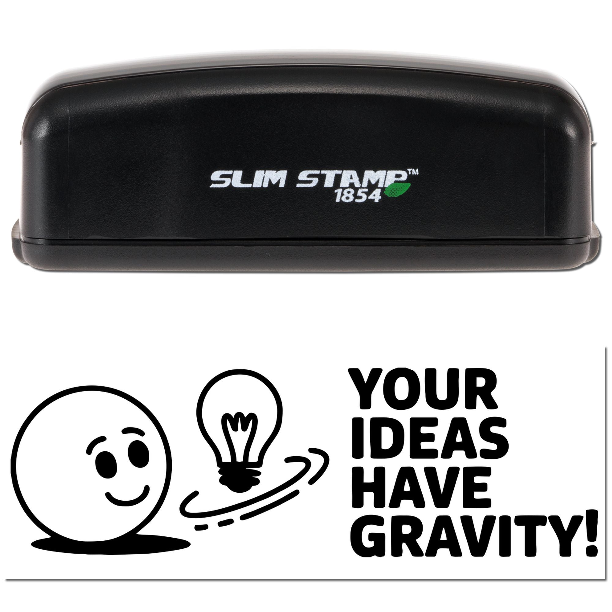 Black Slim Stamp 1854 self-inking stamp and seal set with white text, green accent, and Your Ideas Have Gravity!