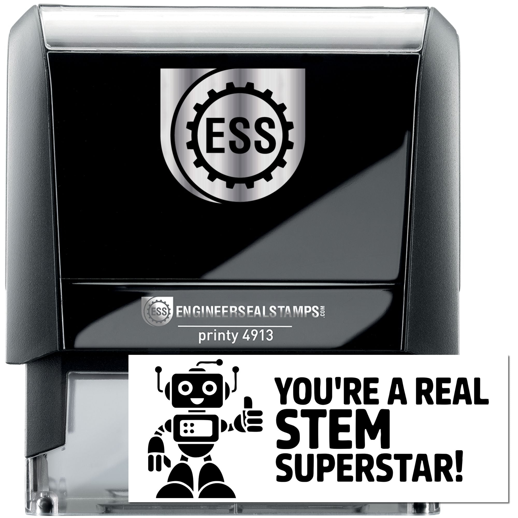 Black and gray ESS self-inking engineer seal stamp with gear logo, printing Youre a real STEM Superstar! and a robot icon.