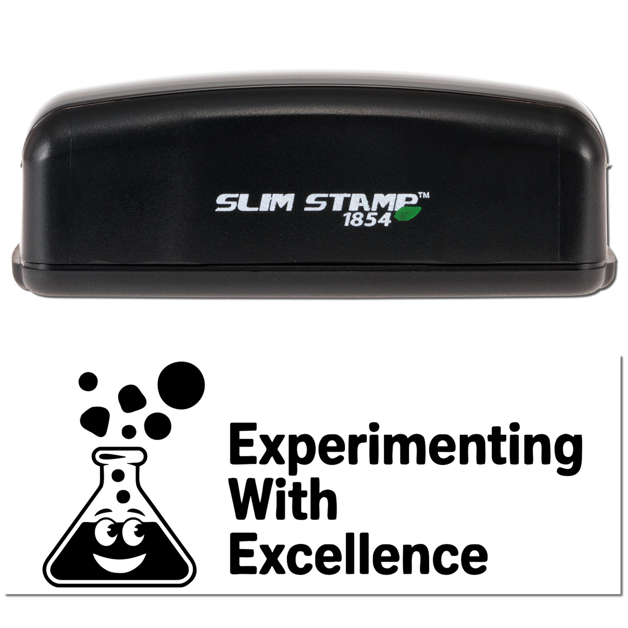 Black Slim Stamp 1854 self-inking stamp and seal with chemistry flask logo and Experimenting With Excellence text.