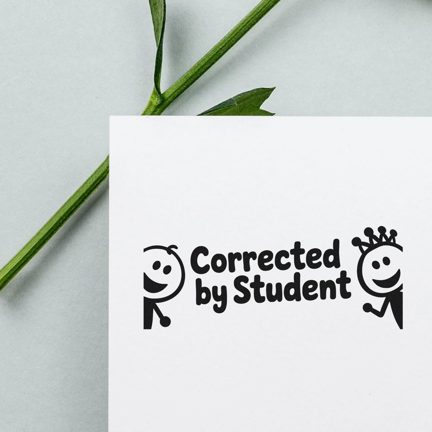Black custom stamp reading Corrected by Student with smiley icons on white card, set against green stems and pale background.