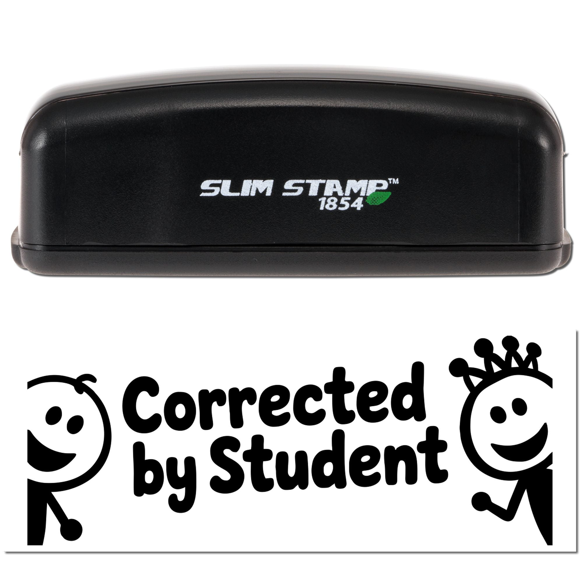 Black Slim Stamp 1854 handheld stamp and Corrected by Student seal on white background.