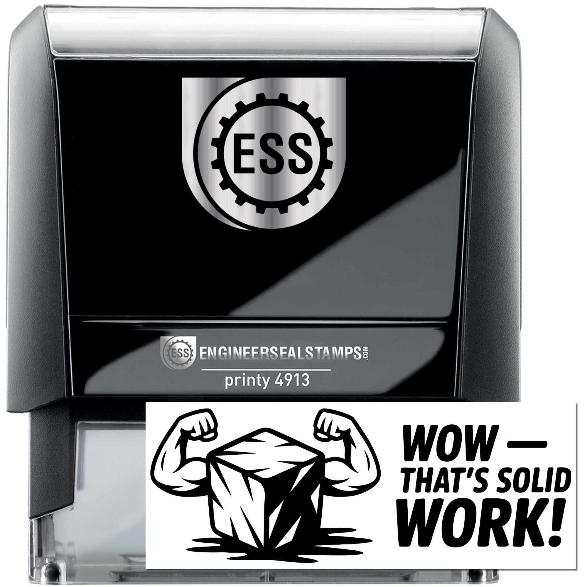 Black and silver self-inking stamp and seal set with ESS logo and bold WOWTHATS SOLID WORK! imprint