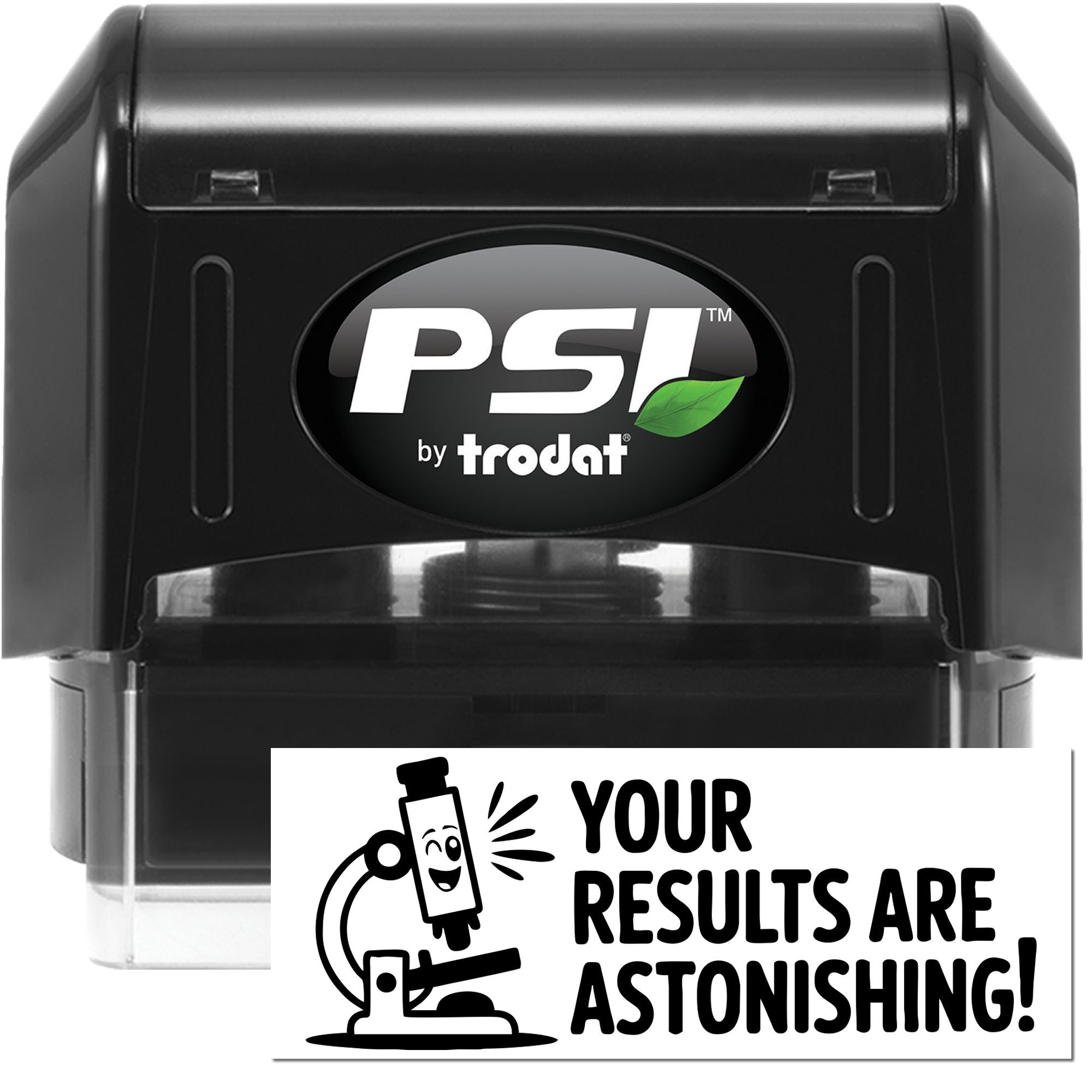 Black PSI by Trodat self-inking stamp and seal with green leaf logo, clear base, and white printed insert.