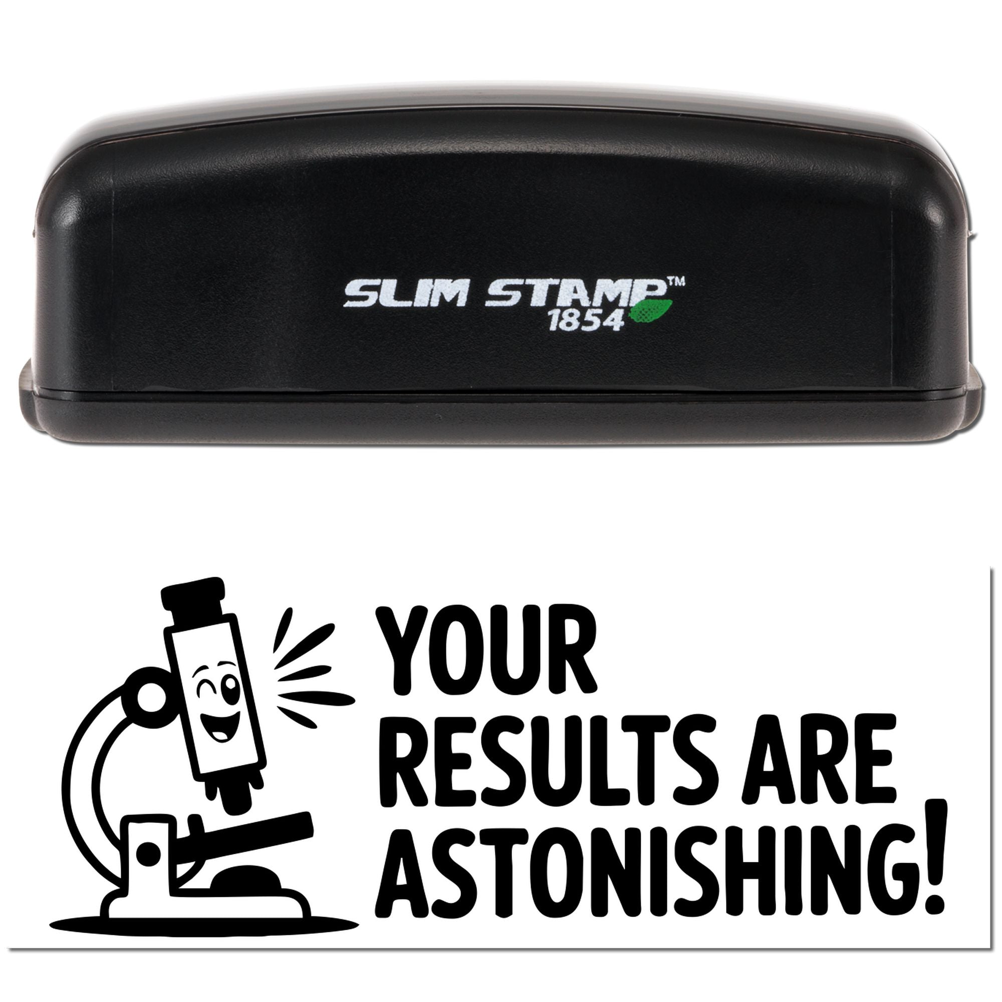 Black Slim Stamp 1854 self-inking stamp and seal with white logo, shown above bold black microscope graphic and slogan on white.