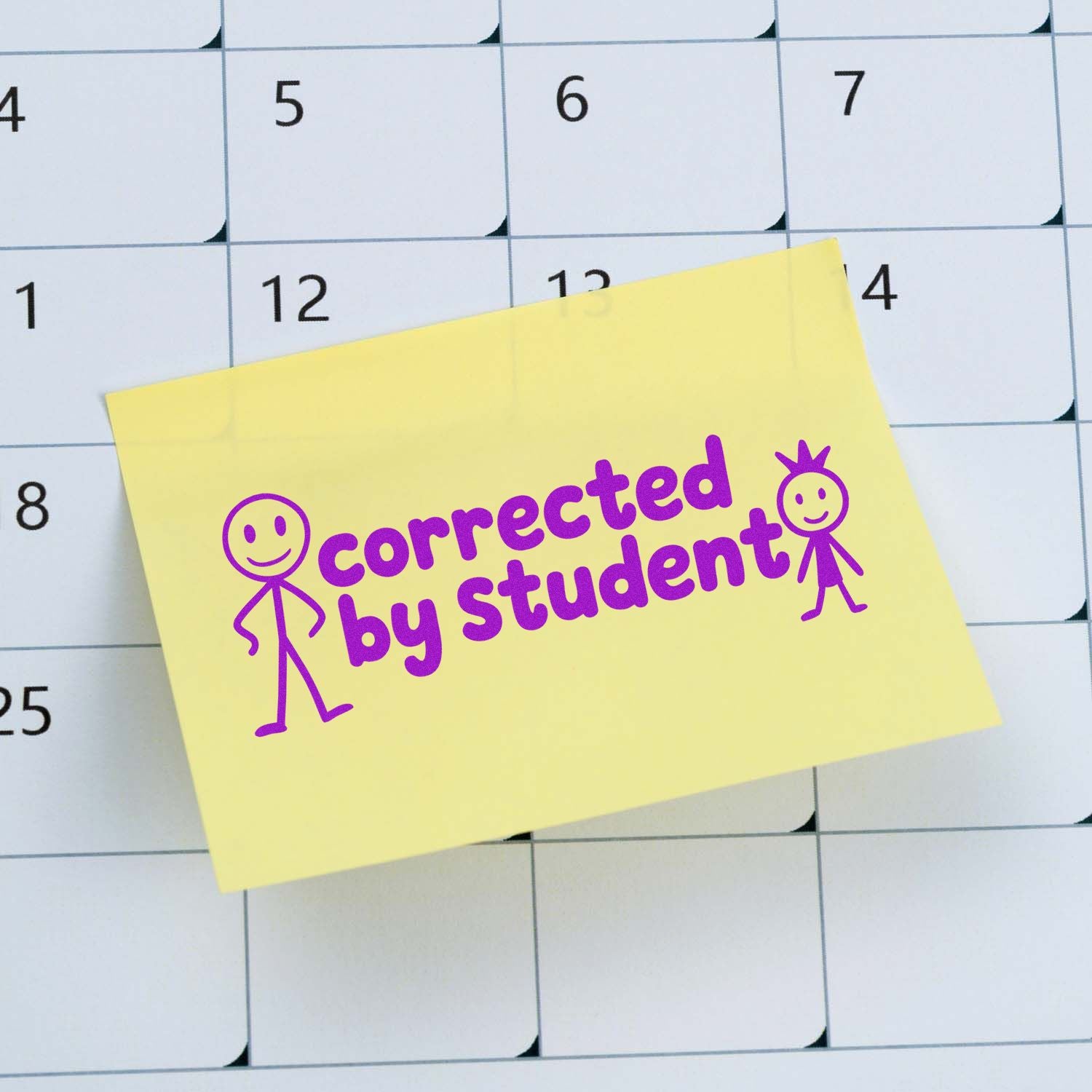 Yellow sticky note stamp seal with purple corrected by student text and stick figures on a calendar grid.