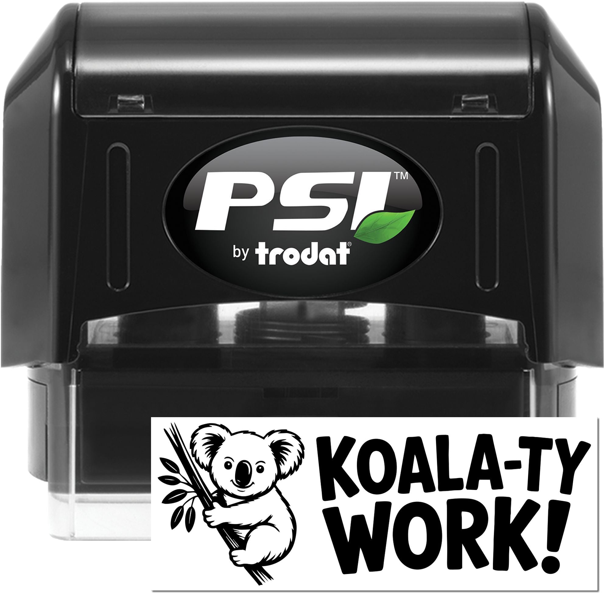 Black self-inking PSI by Trodat stamp and seal with koala graphic and bold KOALA-TY WORK! text