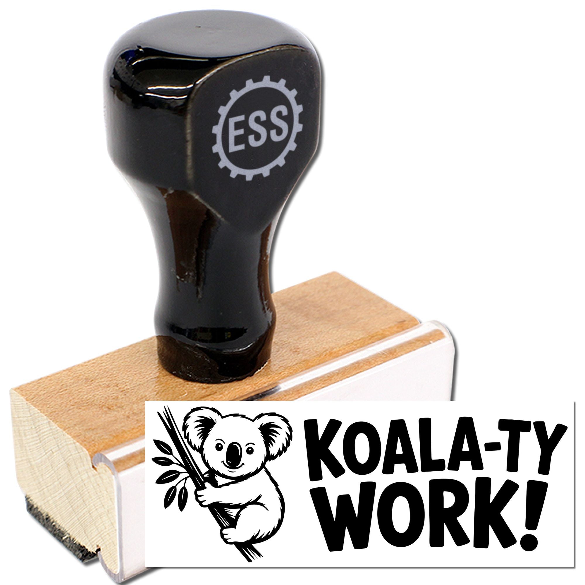 Black rubber stamp and wooden seal base with ESS logo, beside Koala-ty Work! koala graphic on white card.