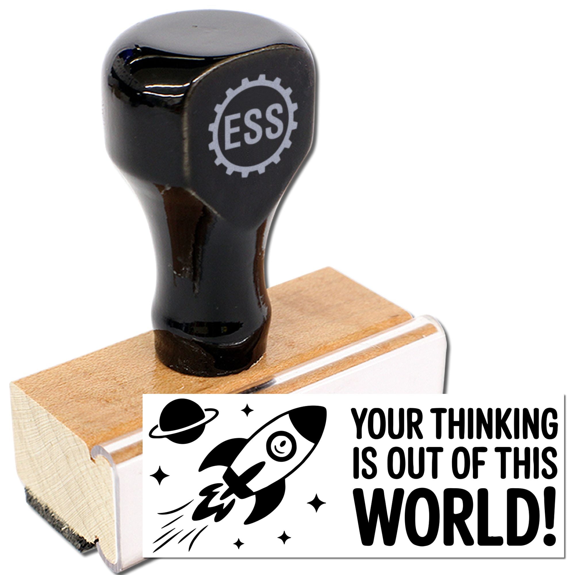 Black self-inking rubber stamp and wooden seal with ESS logo, rocket graphic, and bold black text on white.