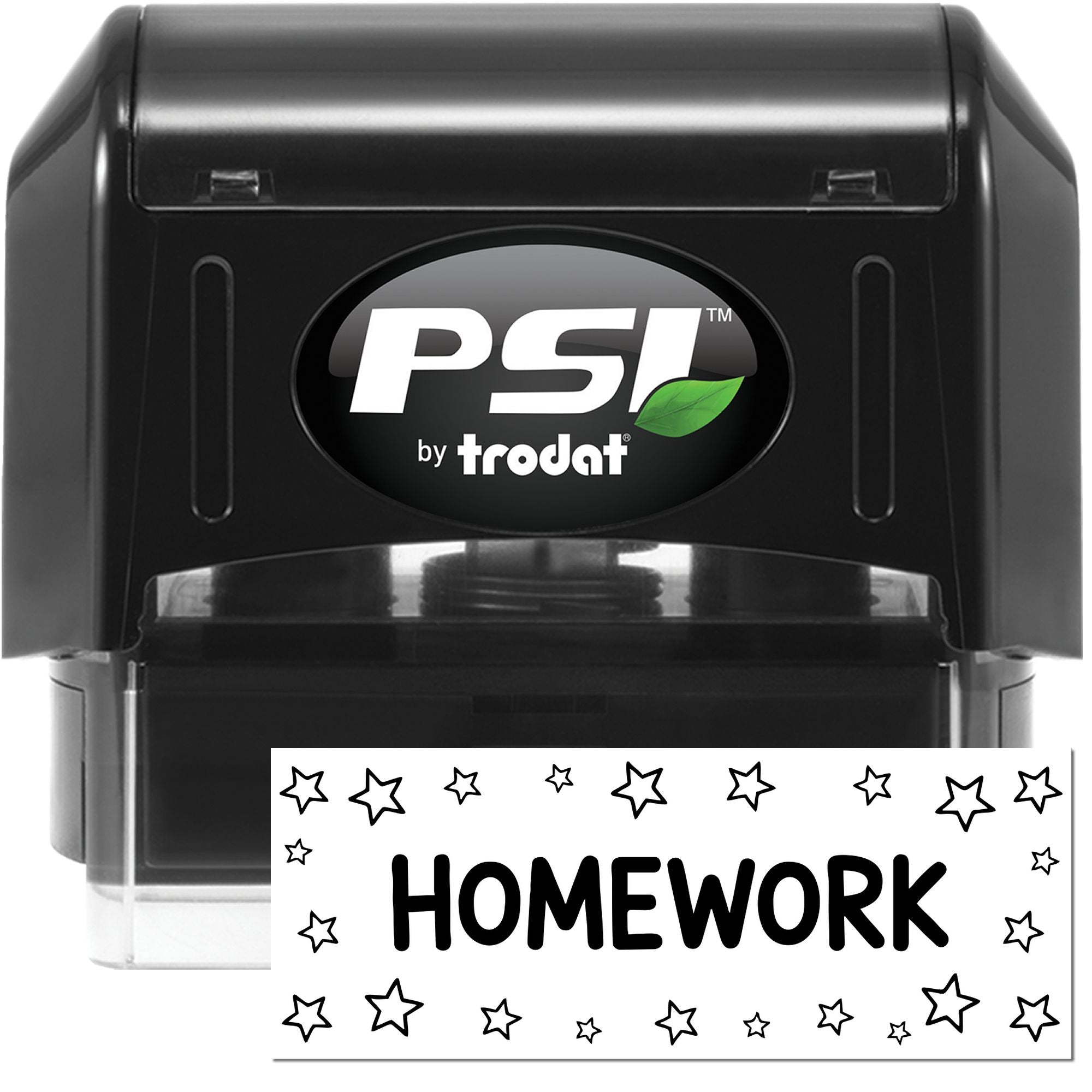 Black PSI by Trodat self-inking stamp and seal with HOMEWORK impression, star border, and black casing with green leaf logo