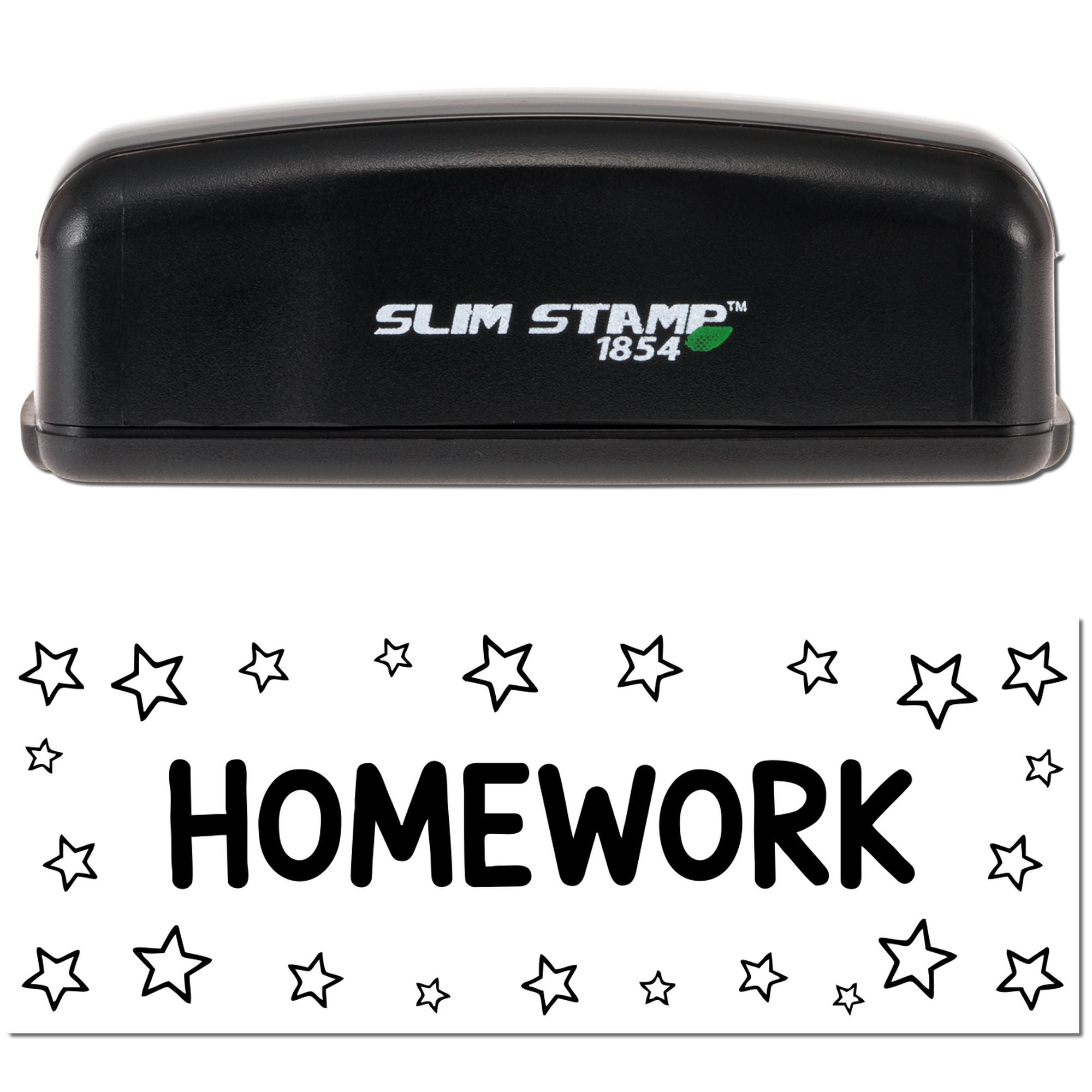 Black Slim Stamp 1854 homework stamp with white lettering and star border on a clean white background.