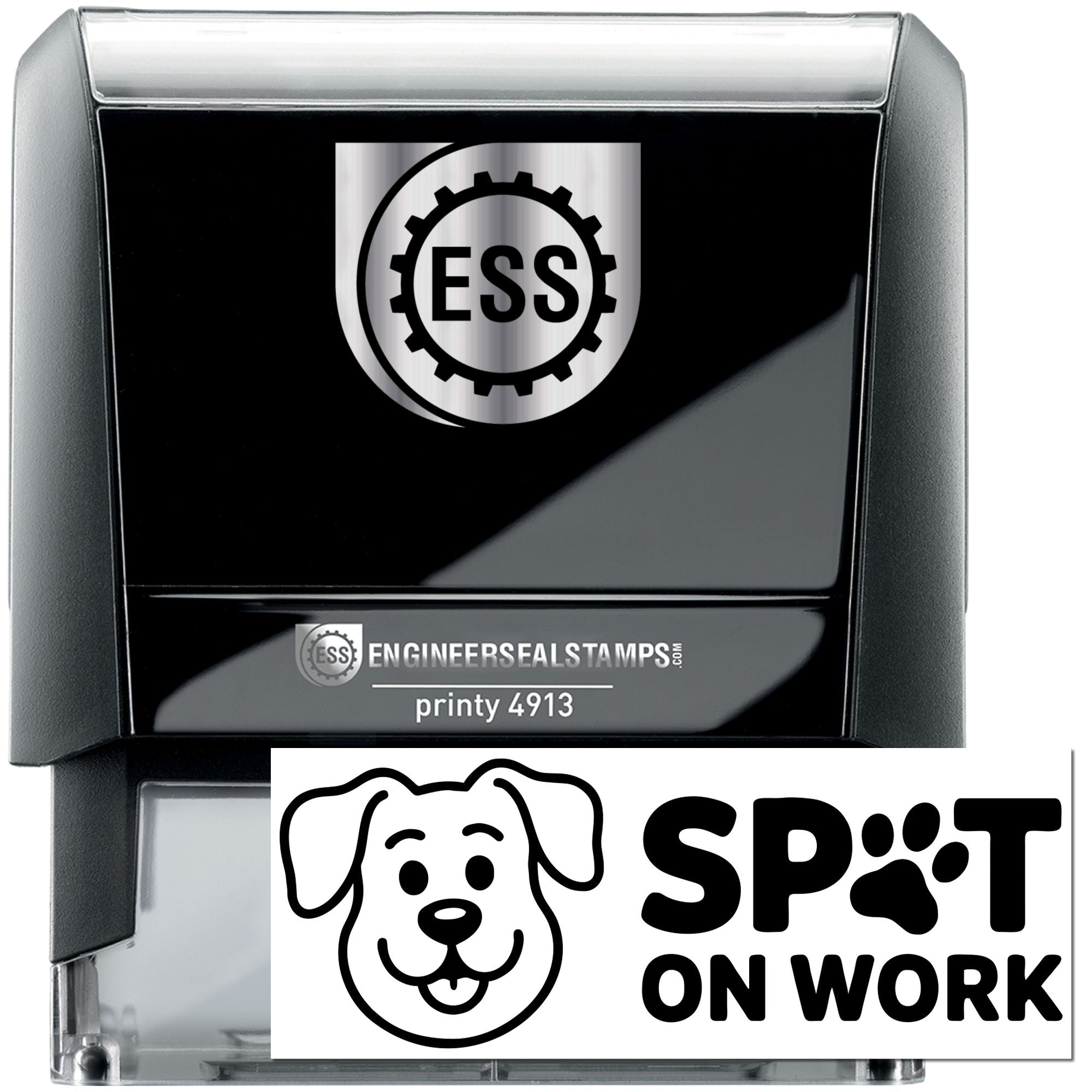 Black self-inking stamp and seal products with silver ESS gear logo and clear SPOT ON WORK design