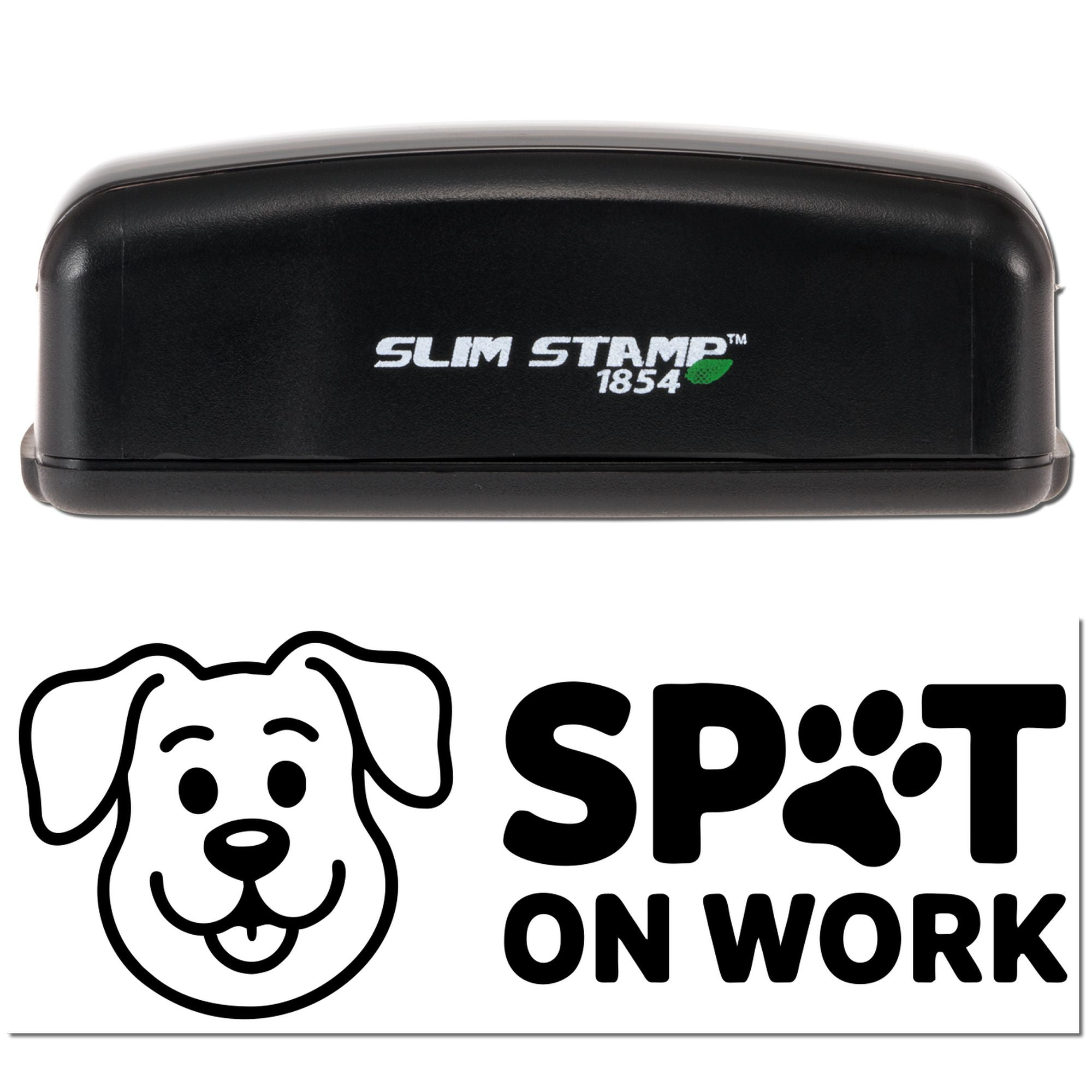 Black Slim Stamp 1854 self-inking stamp with Spot On Work dog logo and bold black lettering on white background.