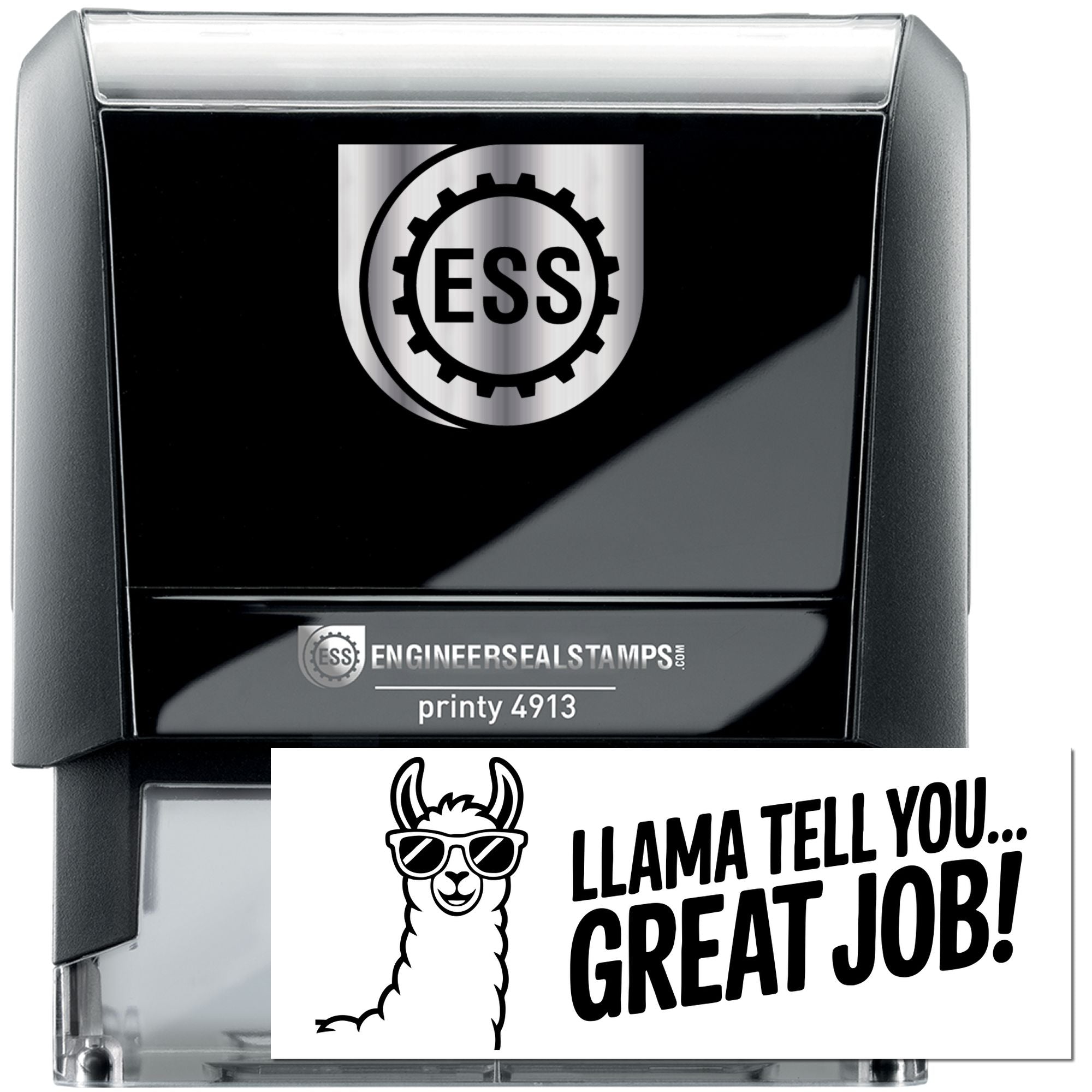 Black self-inking engineer seal stamp with silver ESS logo and clear tray, featuring a llama text stamp design.