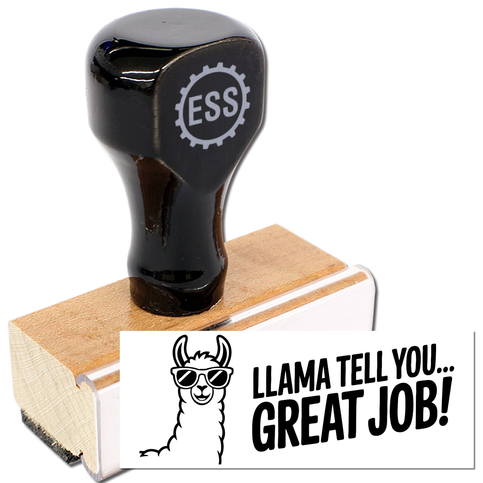Black self-inking stamp and wooden seal with ESS logo, tan base, and llama LLAMA TELL YOU GREAT JOB! imprint.