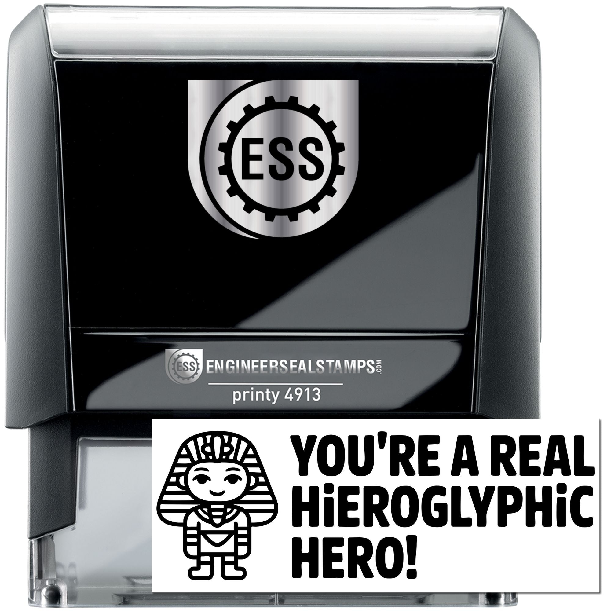 Black and gray ESS stamp and seal with silver gear logo and Youre a real hieroglyphic hero design.