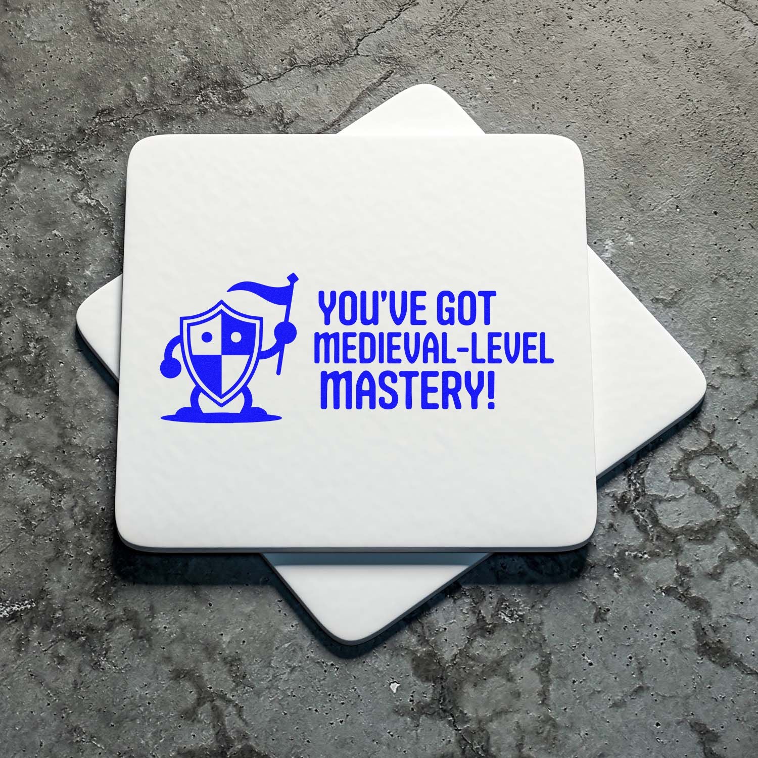 White stamp and seal samples with blue medieval knight shield logo and Youve got medieval-level mastery! text