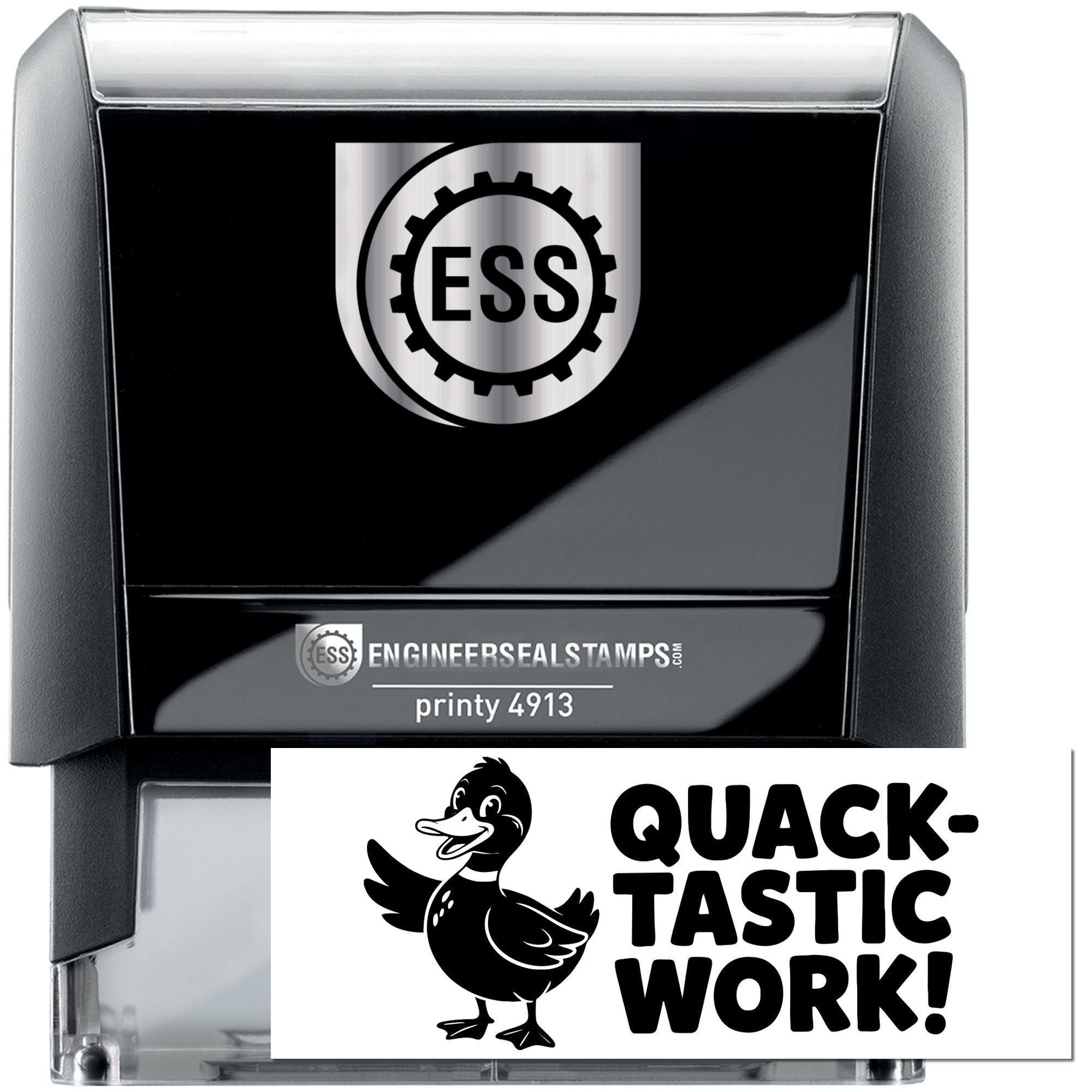 Black and silver ESS self-inking stamp and seal set with gear logo, printy 4913, and Quack-Tastic Work duck design.