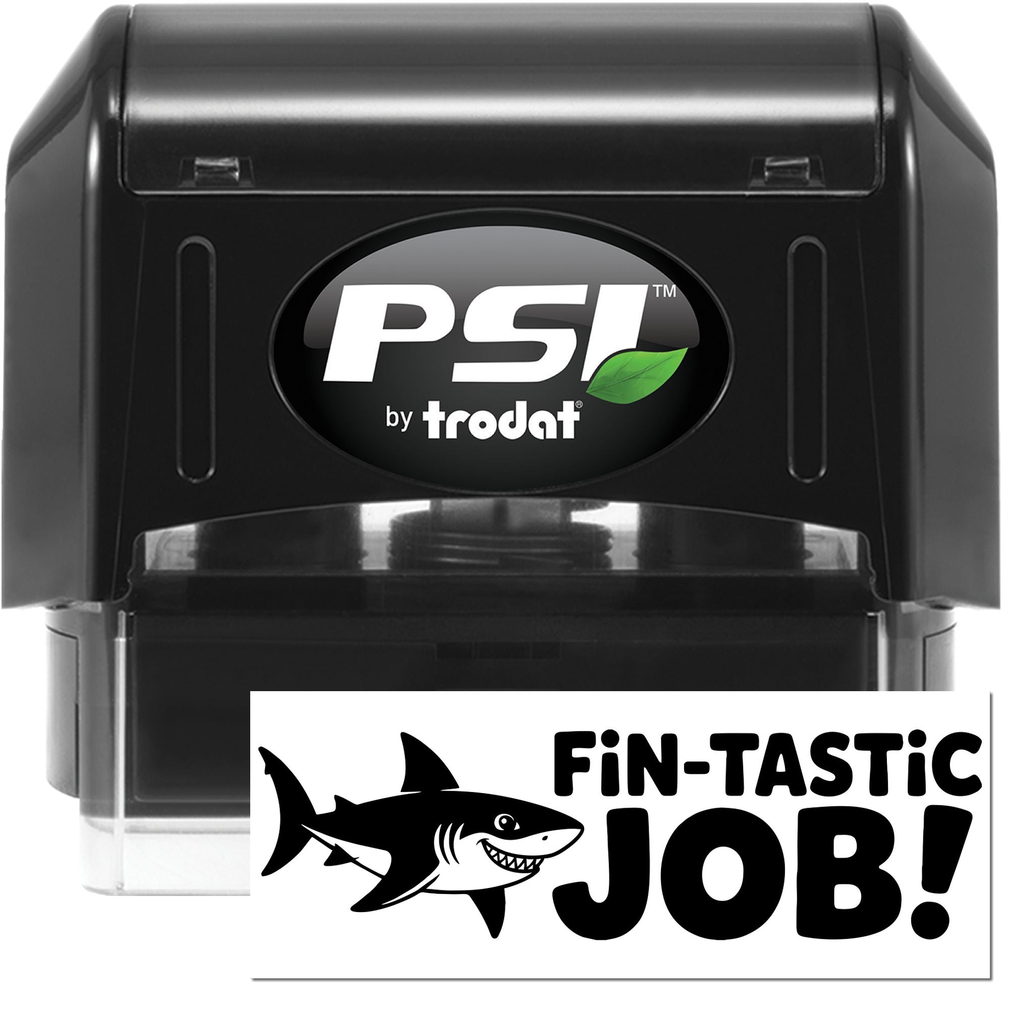Black PSI by Trodat self-inking stamp and seal set with clear base, featuring Fin-Tastic Job shark design