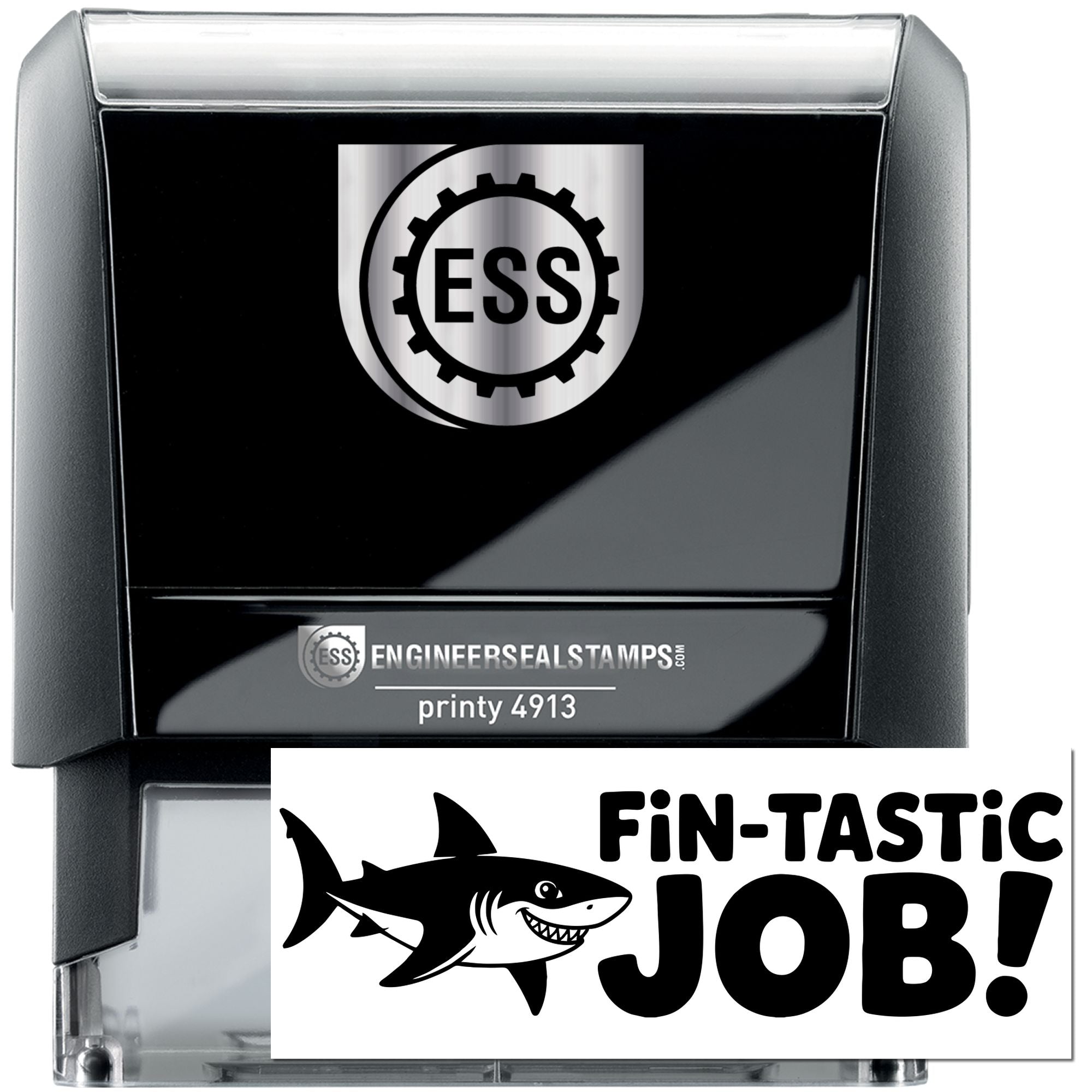 Black self-inking engineer seal stamp and white shark Fin-Tastic Job! stamp, with ESS logo and printy 4913.