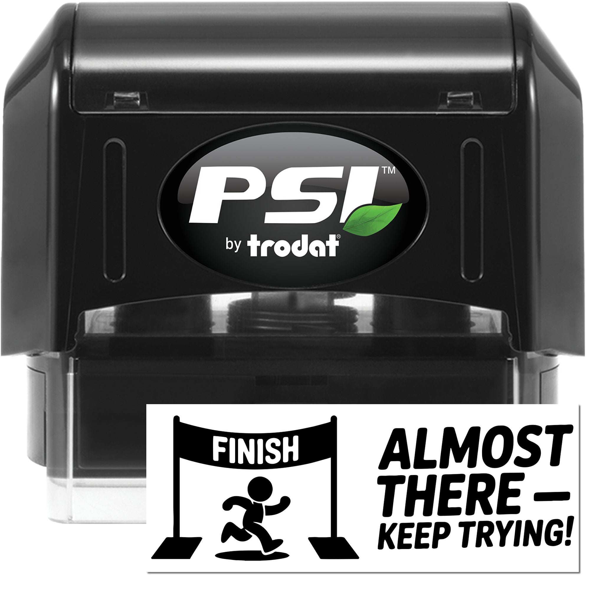 Black PSI by Trodat self-inking stamp and finish-line seal design with runner icon and bold black text on white.