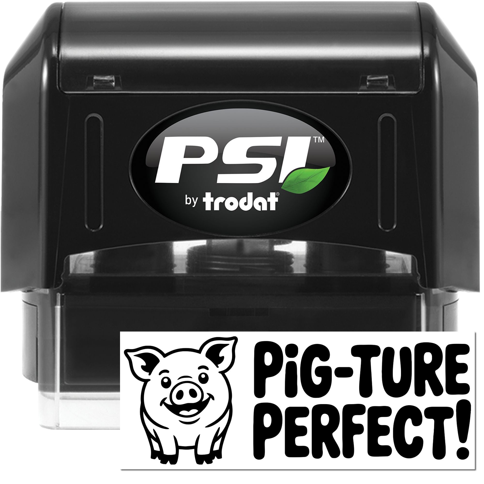 Black PSI by Trodat self-inking stamp and seal with Pig-Ture Perfect pig logo on white background.