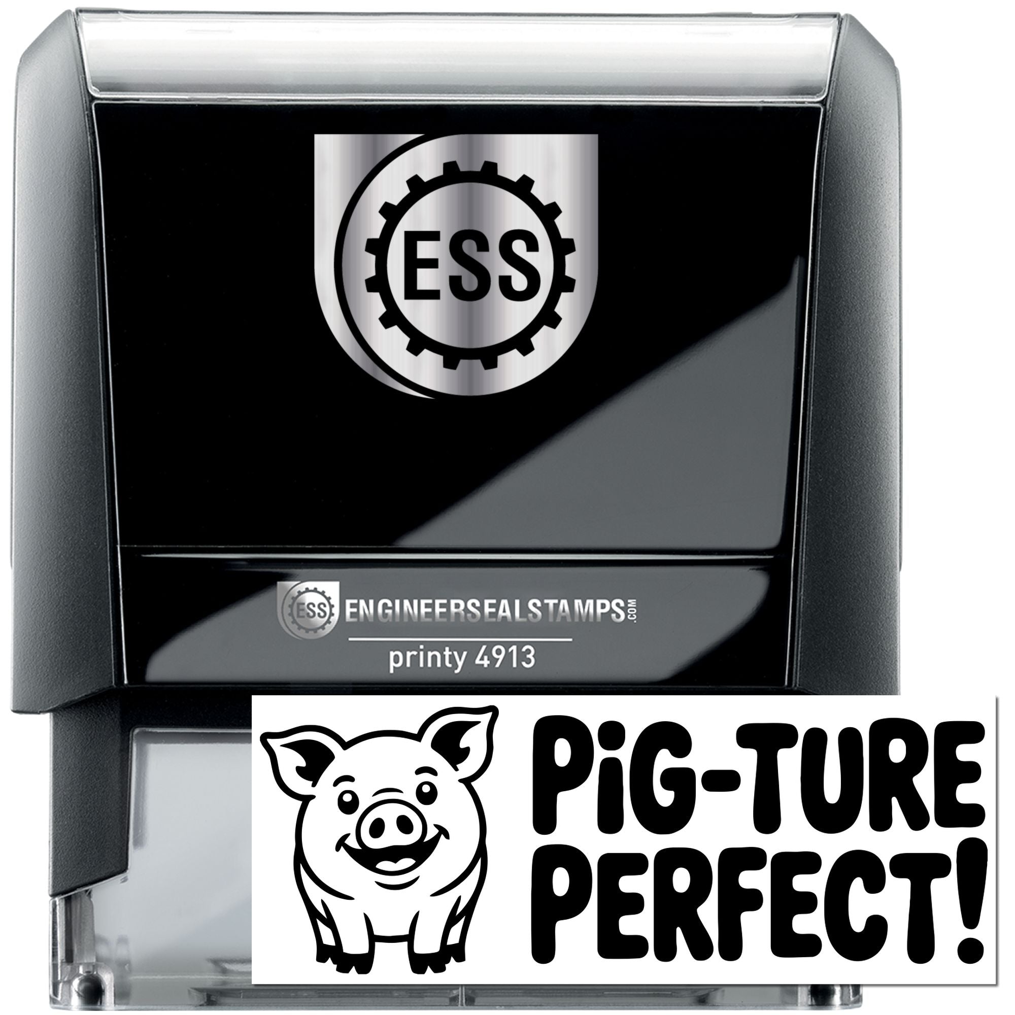 Black self-inking stamp and seal with silver top, ESS logo, and pig icon reading PiG-TURE PERFECT!
