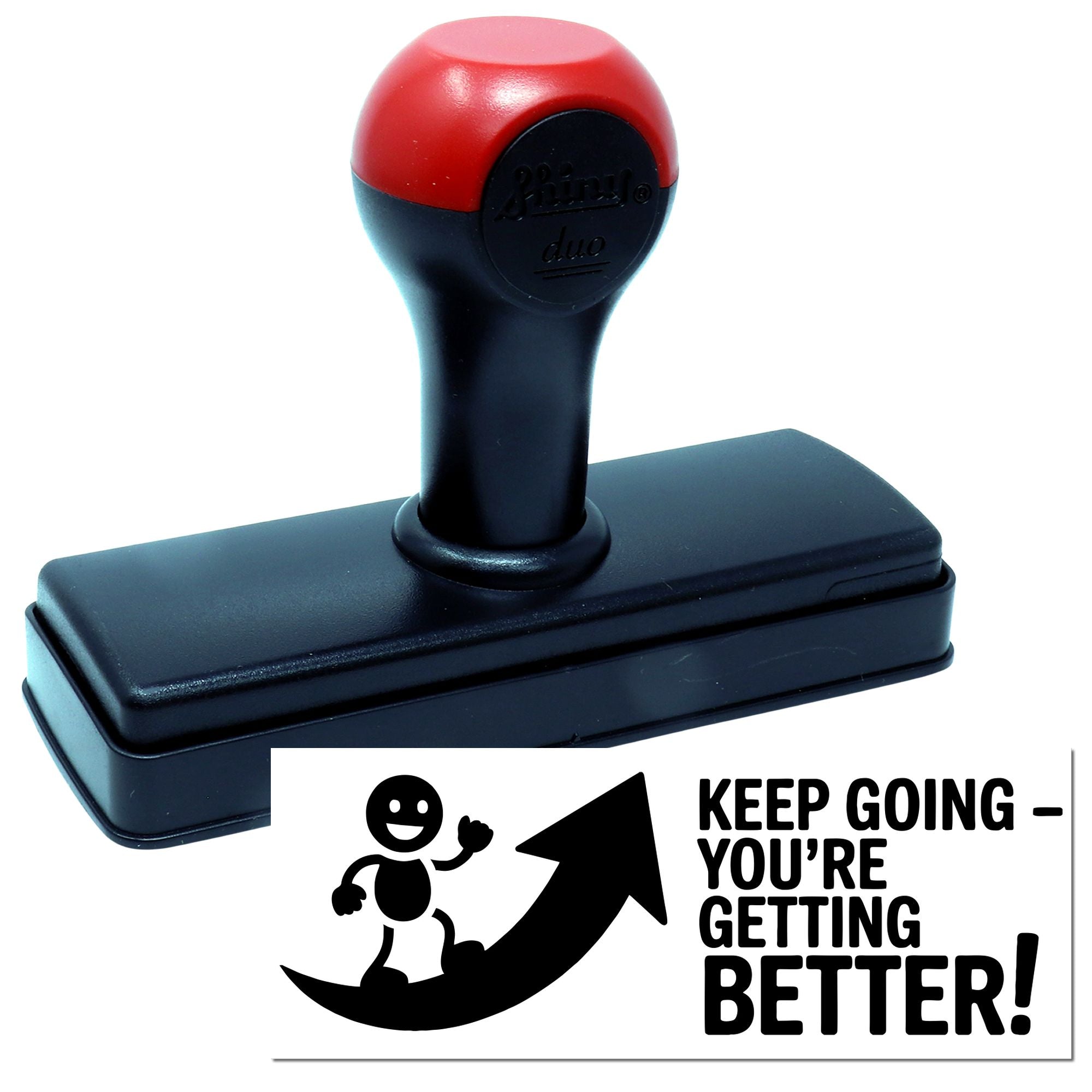 Red-and-black self-inking stamp and seal with motivational impression reading Keep going  youre getting better!