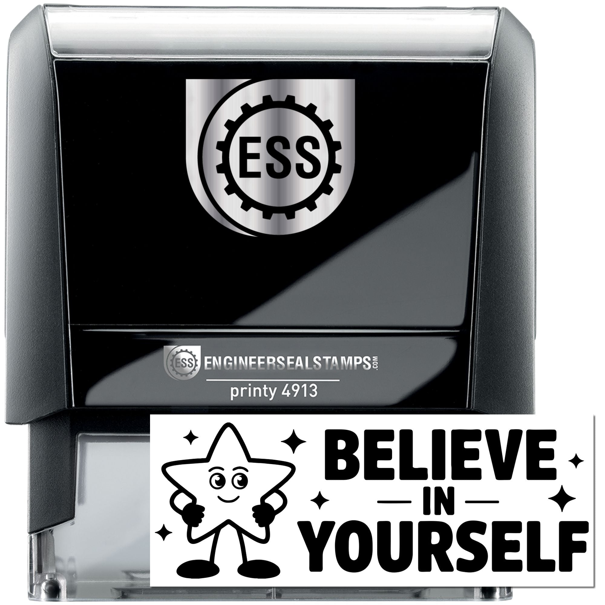 Black and silver self-inking engineer seal stamp with ESS logo and Believe in Yourself graphic.