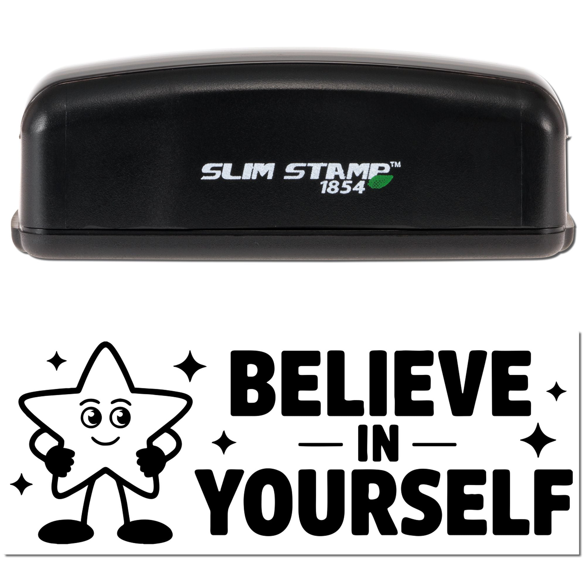 Black Slim Stamp 1854 self-inking stamp and seal with green leaf logo above Believe in Yourself graphic and star mascot.