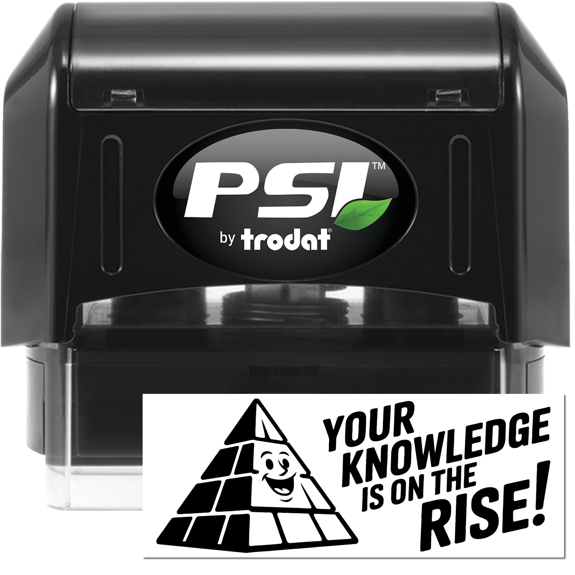 Black PSI by Trodat self-inking stamp and seal with green leaf logo and clear base