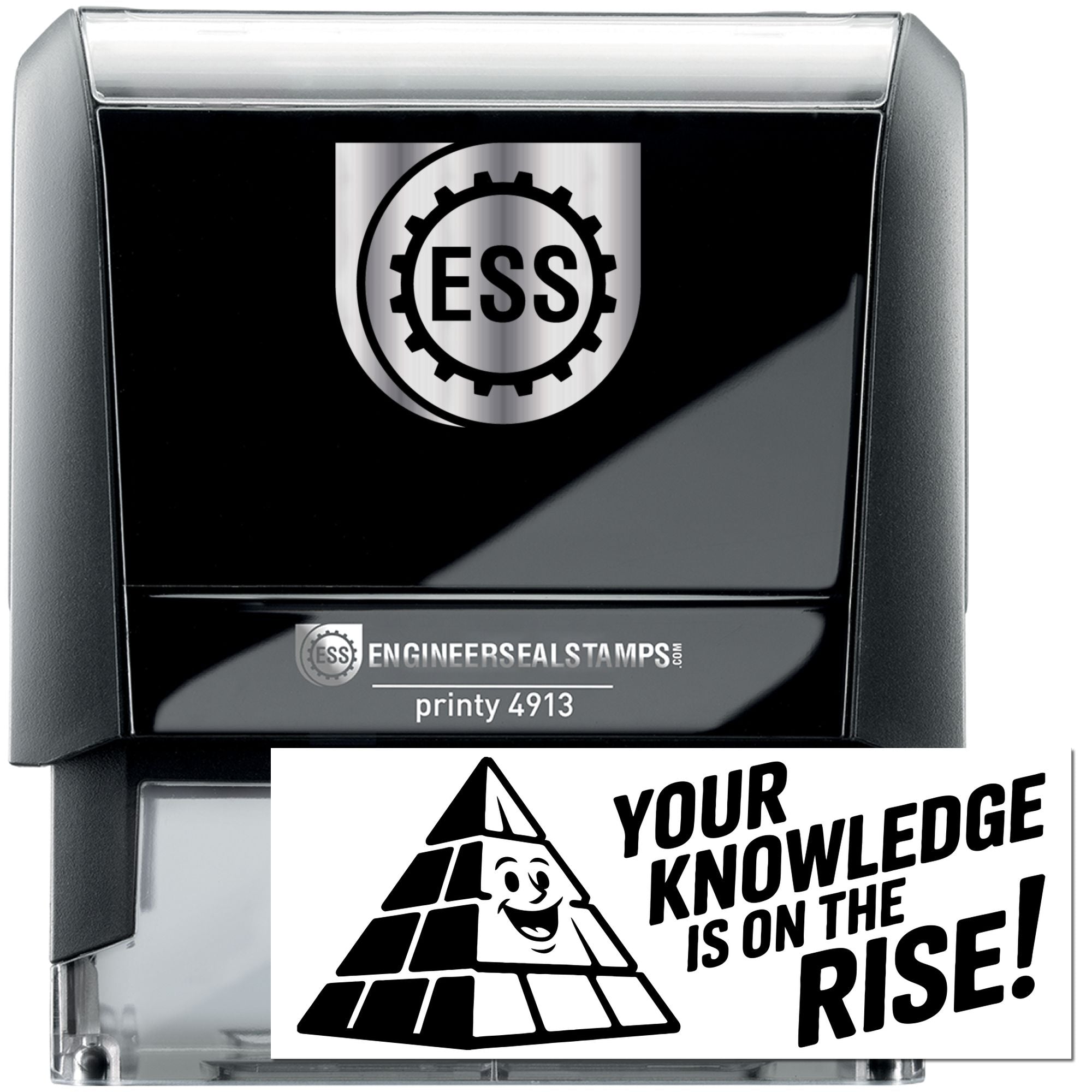 Black self-inking engineer seal stamp with silver ESS gear logo and printy 4913 label