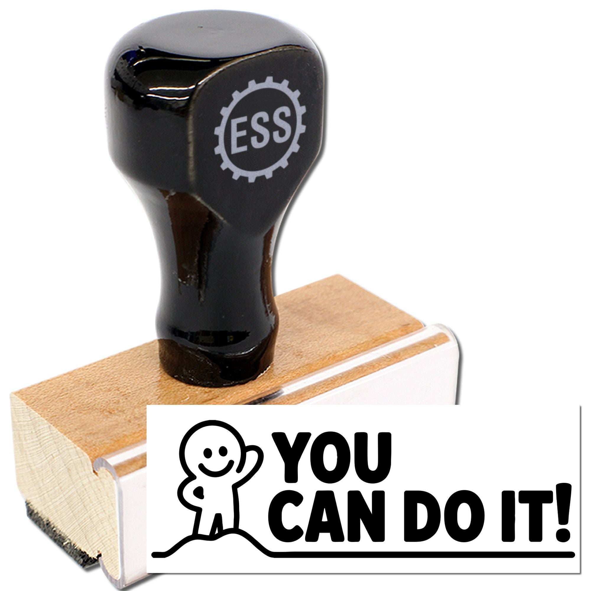 Black rubber stamp and wooden seal with ESS logo, printing bold black YOU CAN DO IT! on white.